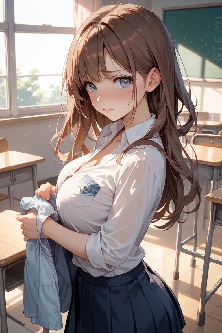 1girl, natural lighting, masterpiece, highly detailed, illustration, game CG, absurdres, high quality, aichan, large breasts, beautiful detailed eyes, detailed hair, glossy lips, blush, school, white shirt, black pleated miniskirt, very curly hair, leaning forward, ((strawberry blonde hair)), looking back at viewer, (panties:0.8), hallway, locker