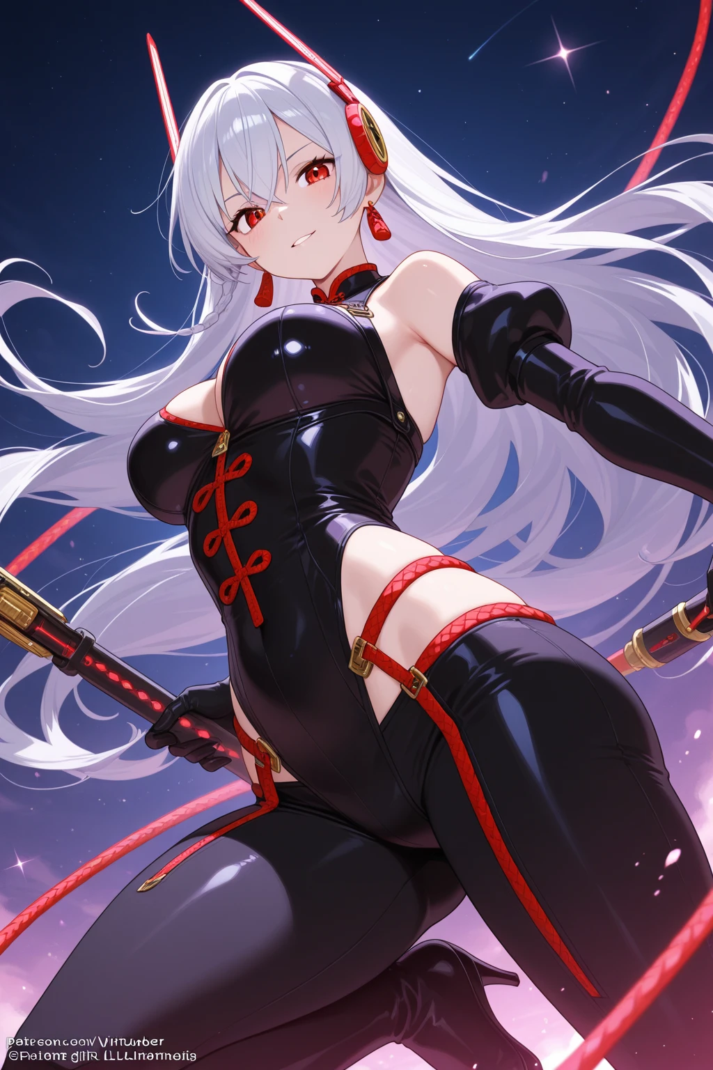 1girl, white hair, long hair, red eyes, serious, glowing eyes, large breasts, thick thighs, mature female, athletic female, toned, leotard, black leotard, thighhighs, belt, knife