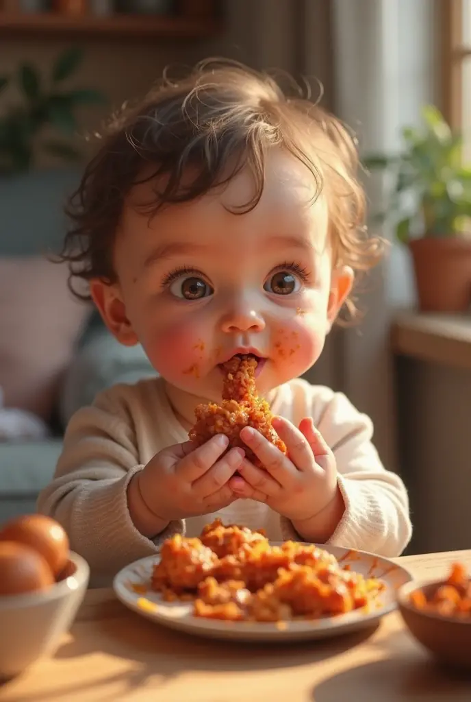 There is a baby sitting in a high chair with a toothbrush in his mouth, uma foto de Yi Insang, vencedor do concurso de drible, Arte Pop, sentado em sua cadeira alta, Fazer um lanche, messy eater, sentado na cadeira, Ruan Jia Lindo!, Bo Chen, garotinho, he is very happy, High detail!!, pronto para comer