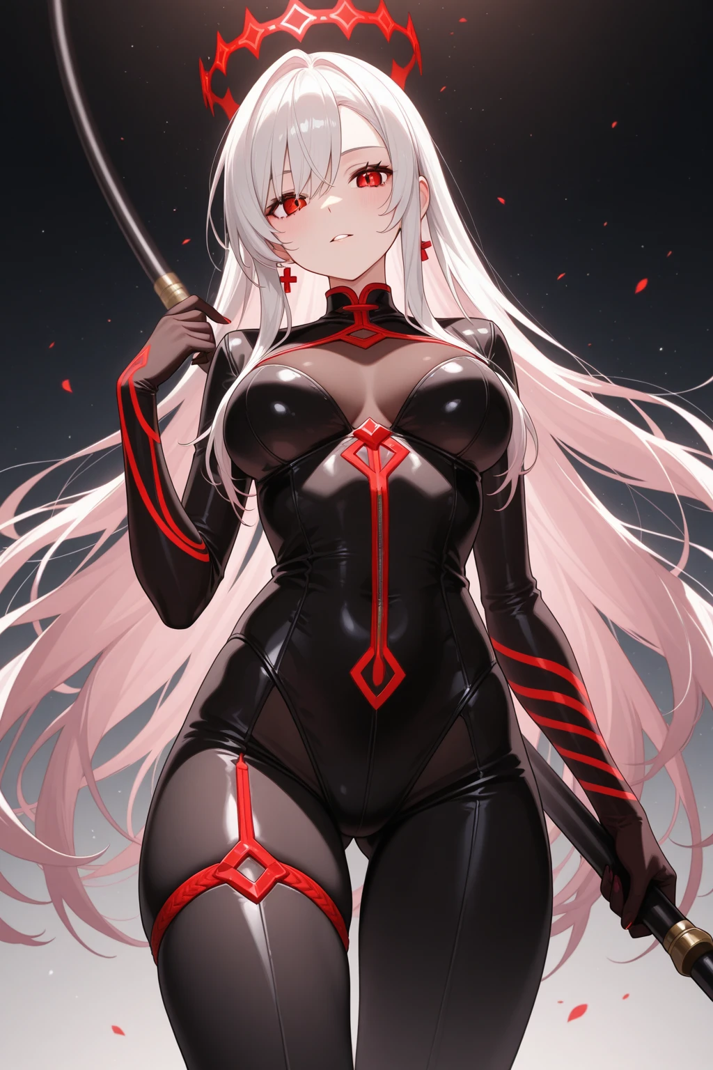 1girl, white hair, large breastsz thick thighs, leotard, knife, red eyes, black leotard,