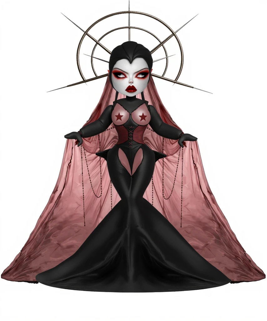 score_9, score_8_up, score_7_up, 1girl, solo, flowing hair, glowing red eyes, curved ram horns, sharp ears, red skin, demoness, stark white background, limited red palette, monochromatic, eerie atmosphere, light wedding dress, seductive, crawling seductively, sexy pose, thigh, full body