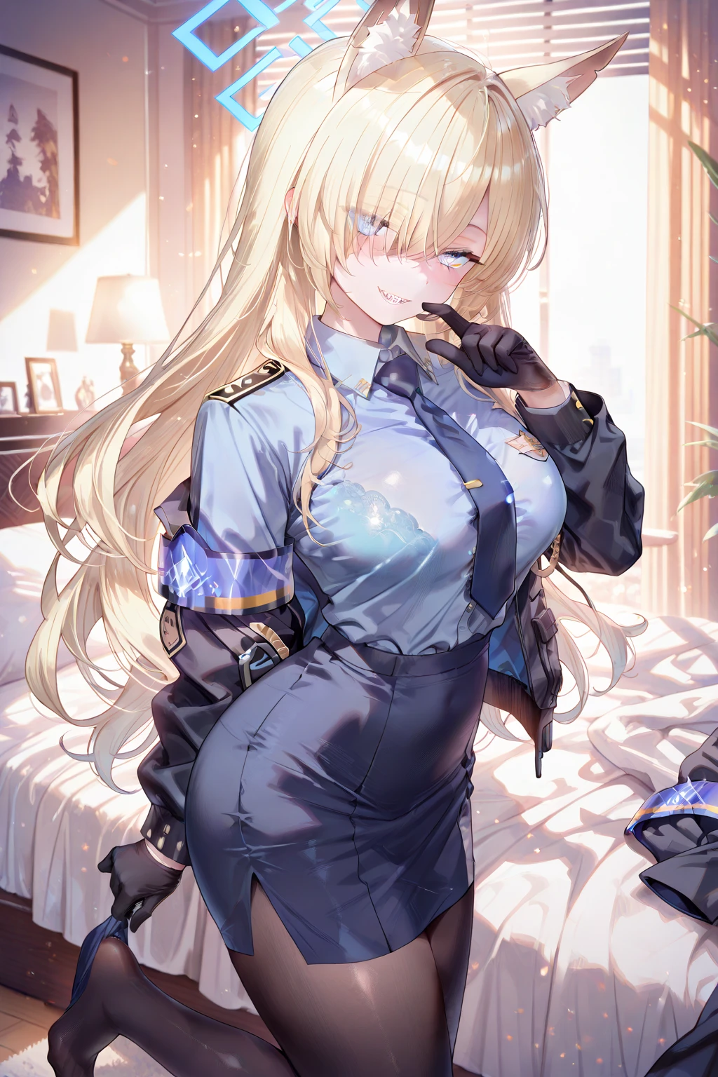 man hugs woman from behind、Rubbing her breasts:1.6,Portraiture, Official Art, Masterpiece, Highest quality, Highest Resolution, 8k, Most detailed, (Perfect Anatomy:1.3), (View your viewers)
Cover your eyes and break, (Sitting), (wariza)
break
Ema Aizawa, Long Hair, Gradient Hair, Blonde, hair ornaments, Earrings, blue eyes, Lace choker, Black choker, Exposing shoulders, Crisscross halter neck, Blue clothes, Frills, Black Bow, Black gloves, Thigh straps, Fishnet tights, Single knee socks, (Large Breasts:1.2), alone, 1 Girl Break
(smile:1.1), (blush), (Shut your mouth.)
break
On the bed, (night), (Dim lighting), Highly detailed 16KCG wallpaper