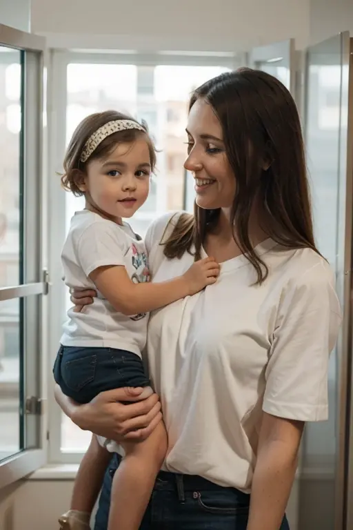 35 year old woman with brown hair sitting on the carpet at home using paints jeans anda white t- shirt with a sad expression looking at her son who is playing alone with a magic cube in front of her streaked hair, hair bun, worried, jpeg artifacts, highres, UHD