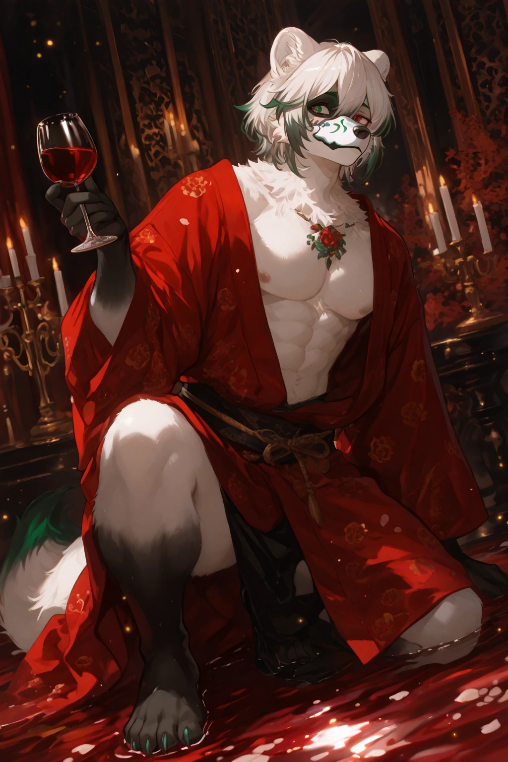 (sfw:1.5), male focus, Pharmacy师, Handsome 1boy, solitary，protrait photo，single, (Black nails, Black claws, White feet, White feet底板:1.4), White hair, White skin, (Black tiger stripe, 手臂有Black tiger stripe, 腿上有Black tiger stripe, Black stripes on arms, Black stripes on the legs:1.3), (White tail:1.3), White Teeth, (White fangs, Exquisite fangs, Perfect fangs:1.4), Delicate teeth, Perfect Teeth, (Perfect red eyes:1.4), (White body, White ears:1.3), 
White Tiger, White Tiger, dragon boy, dragon body, feet, (evil eyes, big eyes, large eyes:1.4), (Chubby, The body is huge, Larger face:1.3), Human feet, (Four toes:1.4), 
(古希腊Red robe, Red cloth wrapped around the crotch, Red robe, Red Cape:1.4), (Topless:1.1), 
(full body:1.2), Front view, (Middle-aged men, Mature men:1.4), (Strong body, muscle,Strong male, muscle男, Bare chest muscles:1.3), Red nipples, (Abdominal muscles:1.4), belly button, (Bare legs, Strong and strong legs, Strong legs, Thick arms:1.3), (Sitting, Sitting:1.3), (Looking at the audience, Focus, Eyes gaze:1.1), enjoy, (evil smile, evil grin, evil smile, Evil smile:1.5), (Holding a red potion in hand:1.4), 
full background, Stone brick floors, indoor, Potion Rack, Wooden frame, night, Candle, Pharmacy, Potion Bottle, Dim environment,
Mysterious and romantic atmosphere, Caustic lines(refraction, polarization)Perfect anatomical structure, absurd, Detailed background, (Delicate eyes:1.3),Printing style。((artist:Takemoto Arashi))
