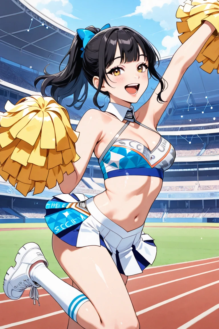 nsfw:1.5,(Ultra flat, Flat Shading), Honors Type, Really blushing, 17 years old, (Cheerleading match:1.5), Three Girls, Wear White (High cut T-back bikini swimwear:1.5), Wedge Shape:1.5, Camel Toe:1.7, Sneakers, Ponytail Brown Hair, Sweaty healthy body, My whole body was soaked with lotion and sweat., barefoot, belly button, Ultra-realistic, Wind, In crowded public places, (From below:1.5)、Jump、(((bare breasts:1.5)))、Showing off her breasts、((show off nipple:1.8))