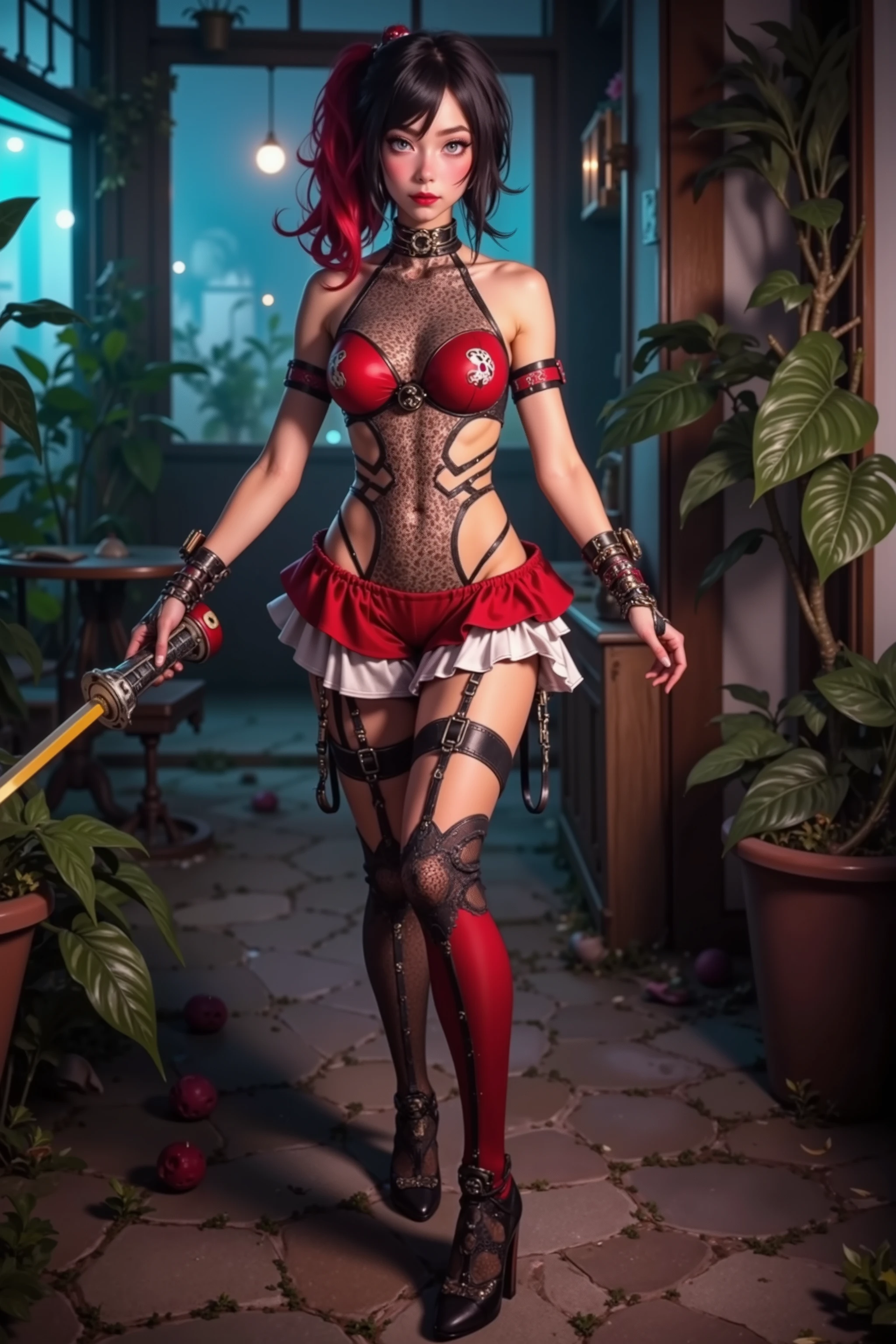 Sexy Harley Quinn (cute, sexy outfit, Harley Quinn hair and makeup, big weapon) is looking sexy and crazy dancing with villainess and lesbian lover Poison Ivy, tropical flower green house at night, Dark humor, sexy (HD, cinematic quality, 8k extreme complexity)