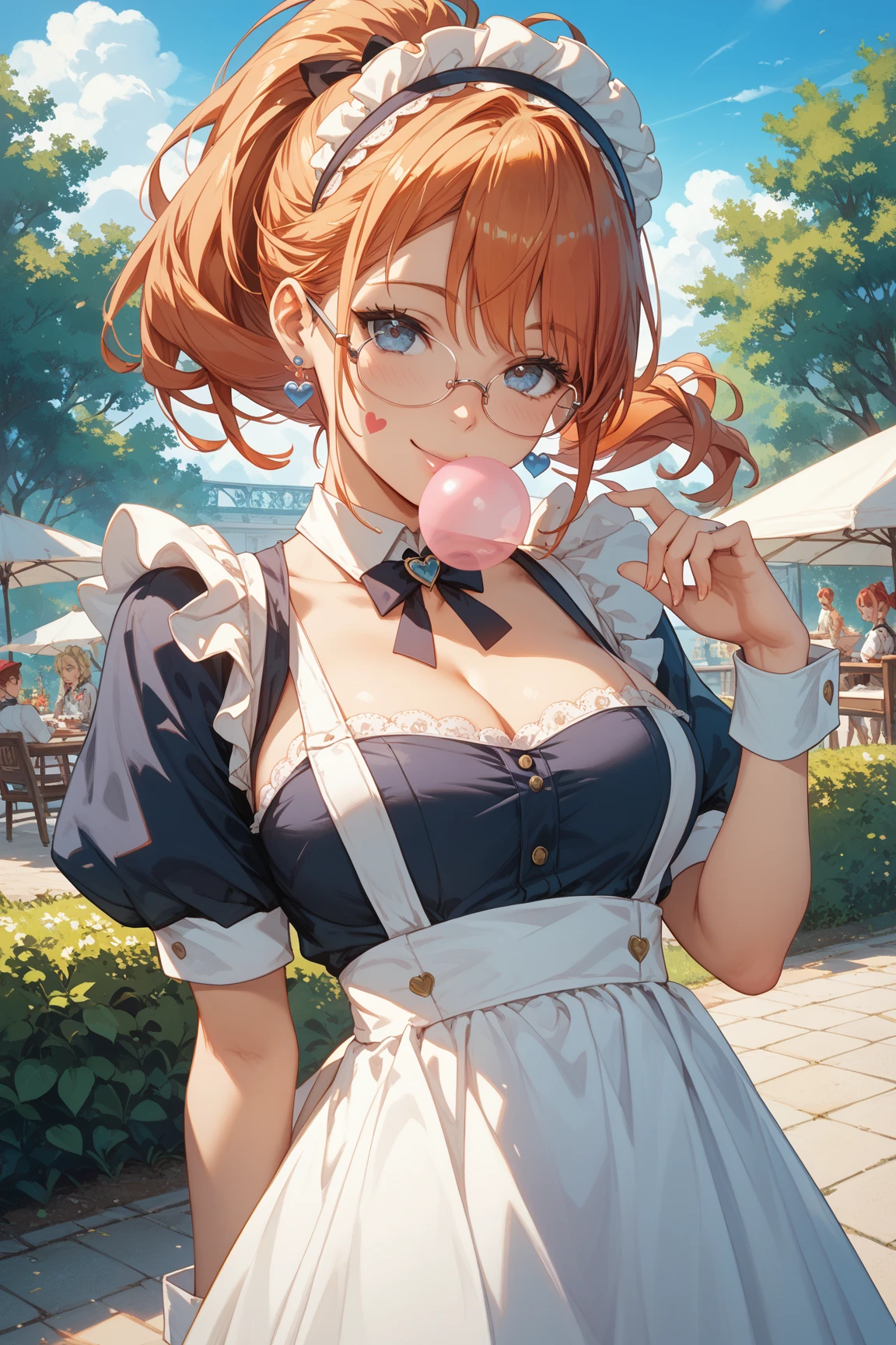 A woman with average height, with a curvy build; curly red hair; blue eyes; freckled face; a perpetually cheerful smile; soft breasts; clearly in love; having a picnic in the park; soft blur background, clear complexion