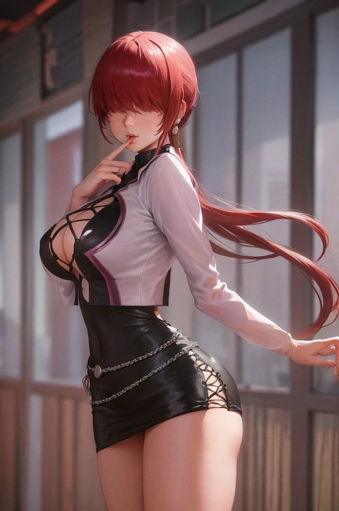 masterpiece, best quality, highres, she1, (hair over eyes:1.1), split ponytail, clothing cutout, earrings, jewelry, miniskirt, white skirt, black dress, earrings, jewelry, pink jacket, cowboy shot, sexy pose, widehips, body,big breasts, hentai style, (lipstick:0.8), victory posture, (sweating:1.2), lips,thicc thighs, finger to mouth