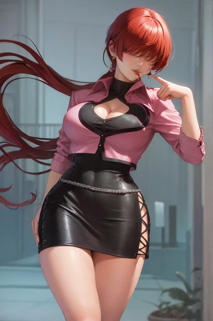 masterpiece, best quality, highres, she1, (hair over eyes:1.1), split ponytail, clothing cutout, earrings, jewelry, miniskirt, white skirt, leotard, pink jacket, long sleeves, cowboy shot, sexy pose, big ass,ass,thicc body,big breasts, hentai (lipstick:0.8)