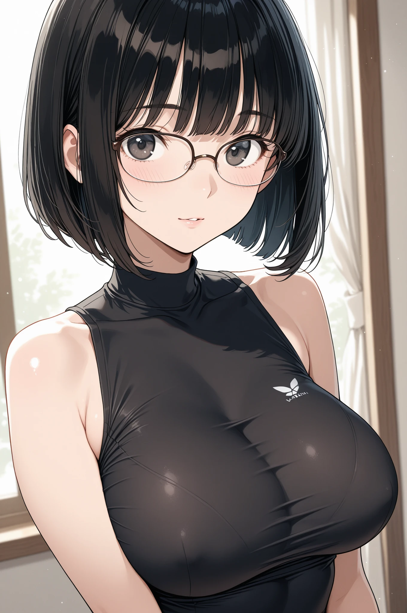 Cute girl, short black hair, black eyes, glasses, gray dress, big breasts, sexy body