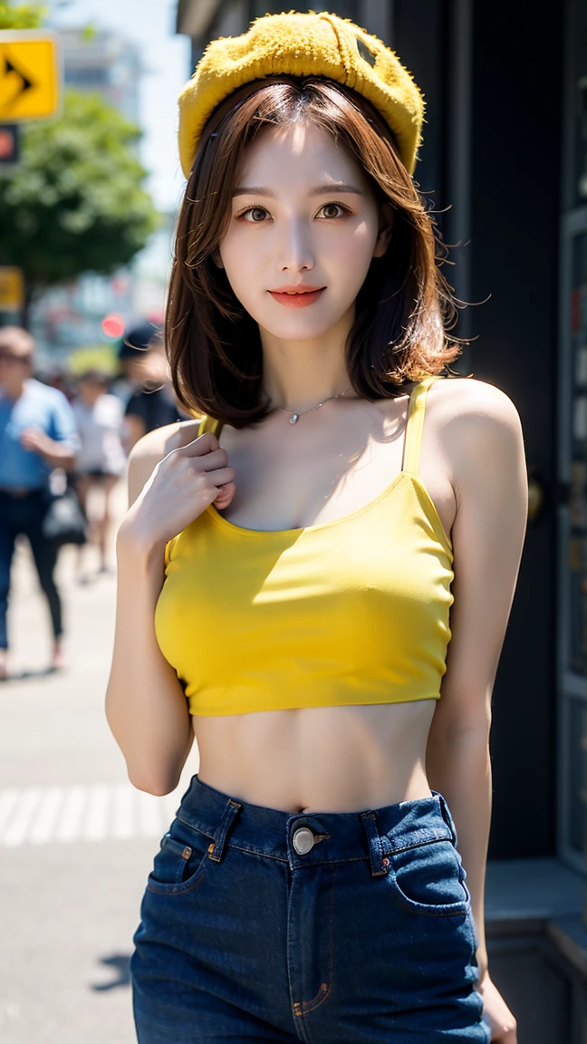 ((Realistic lighting, Best quality, 8K, Masterpiece:1.3)), Clear focus: 1.2, 1girl, Perfect Figure: 1.4, Slim Abs: 1.1, ((Dark brown hair)), (Yellow crop top: 1.4), (Outdoor, Night: 1.1), City Street, Super Fine Face, Fine Eyes, Double Eyelids,