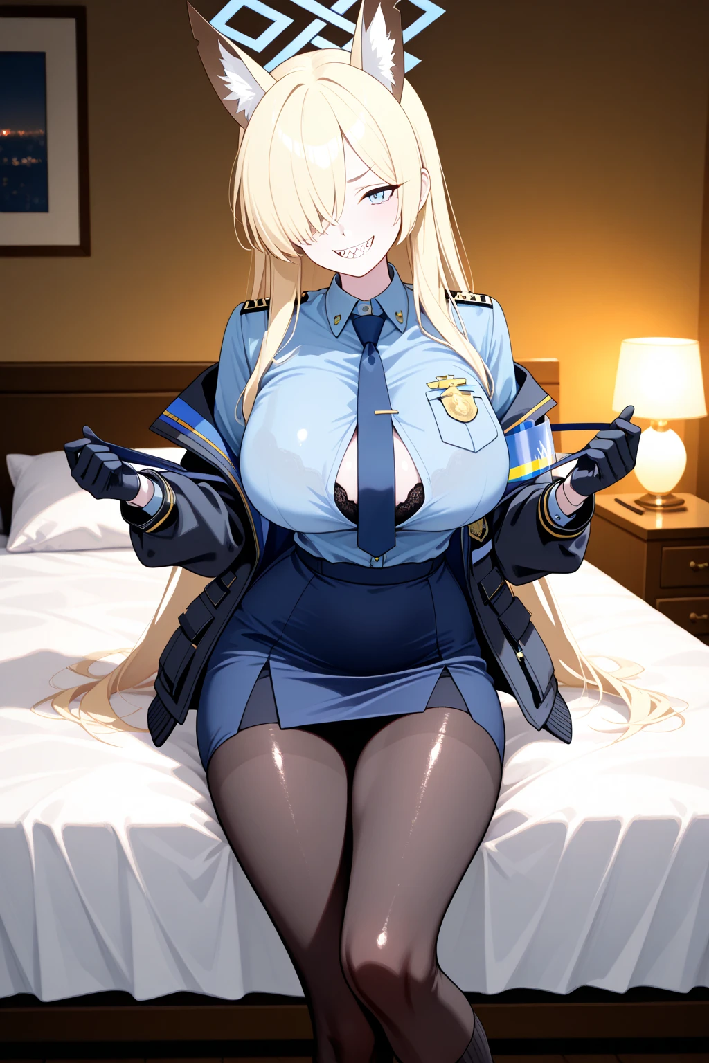 1girl, utsushimi camie, peaked cap, black bodysuit, unzipped, cleavage, pink lispstick, lip gloss, bare shoulders, big breast, breast out, erotic, lying, bed