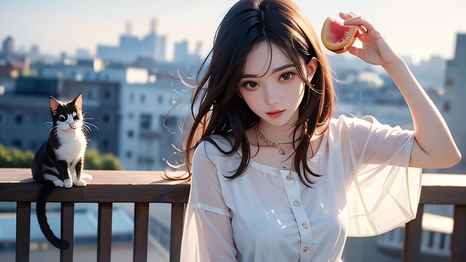 A cinematic, high-resolution 16:9 image of a thoughtful woman from the waist up, standing in gentle sunlight. She is holding a sliced grapefruit in one hand, her other hand shielding her eyes as she looks toward the sky. Her expression is serene with a hint of irony. Her long dark hair is slightly tousled by a soft breeze, and she wears a casual white blouse with subtle pastel tones. In the blurry background, a lazy cat stretches on a balcony under the warm sun. The atmosphere is poetic, modern, and subtly surreal, blending playfulness and quiet rebellion in a calm, dreamlike moment.
