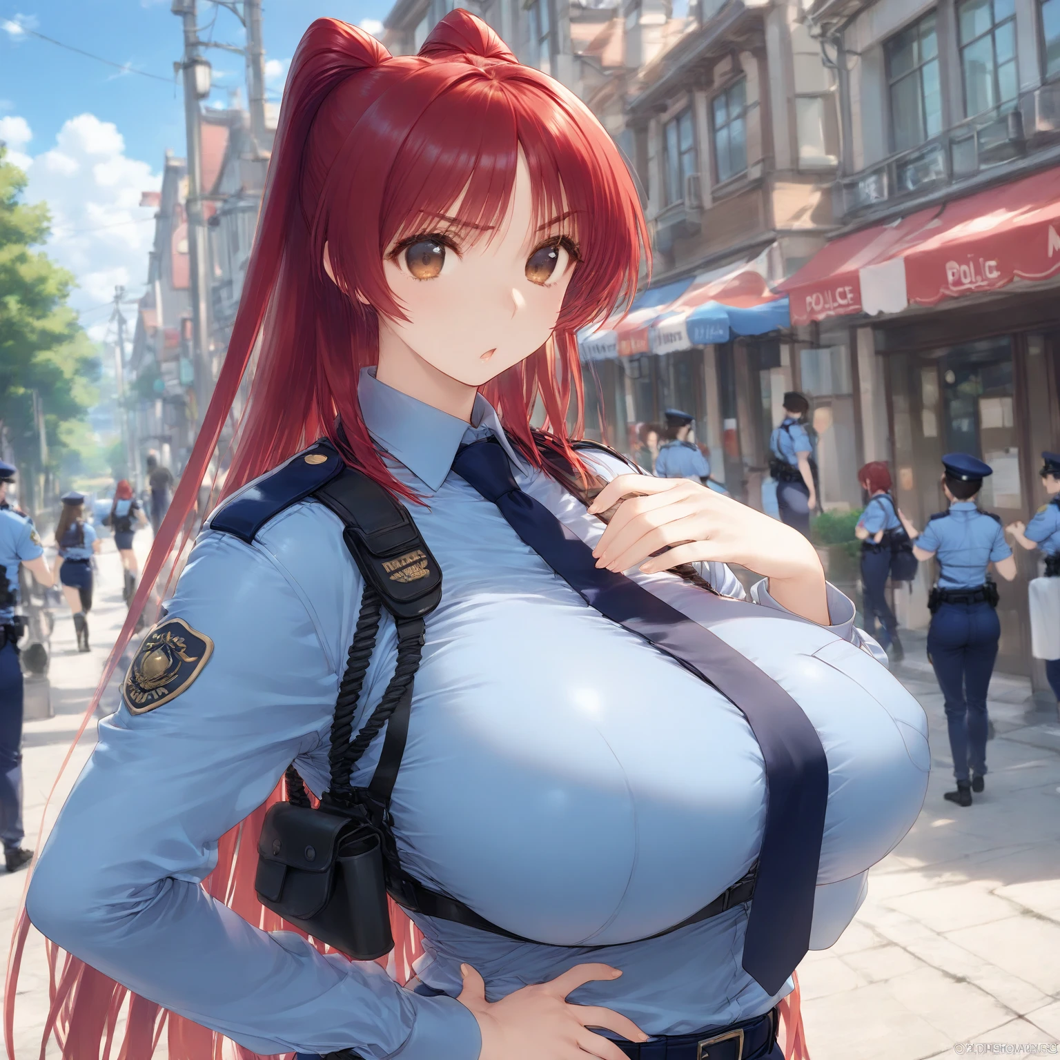 Nino Nakano sonriendo,sexy,police uniform, calle