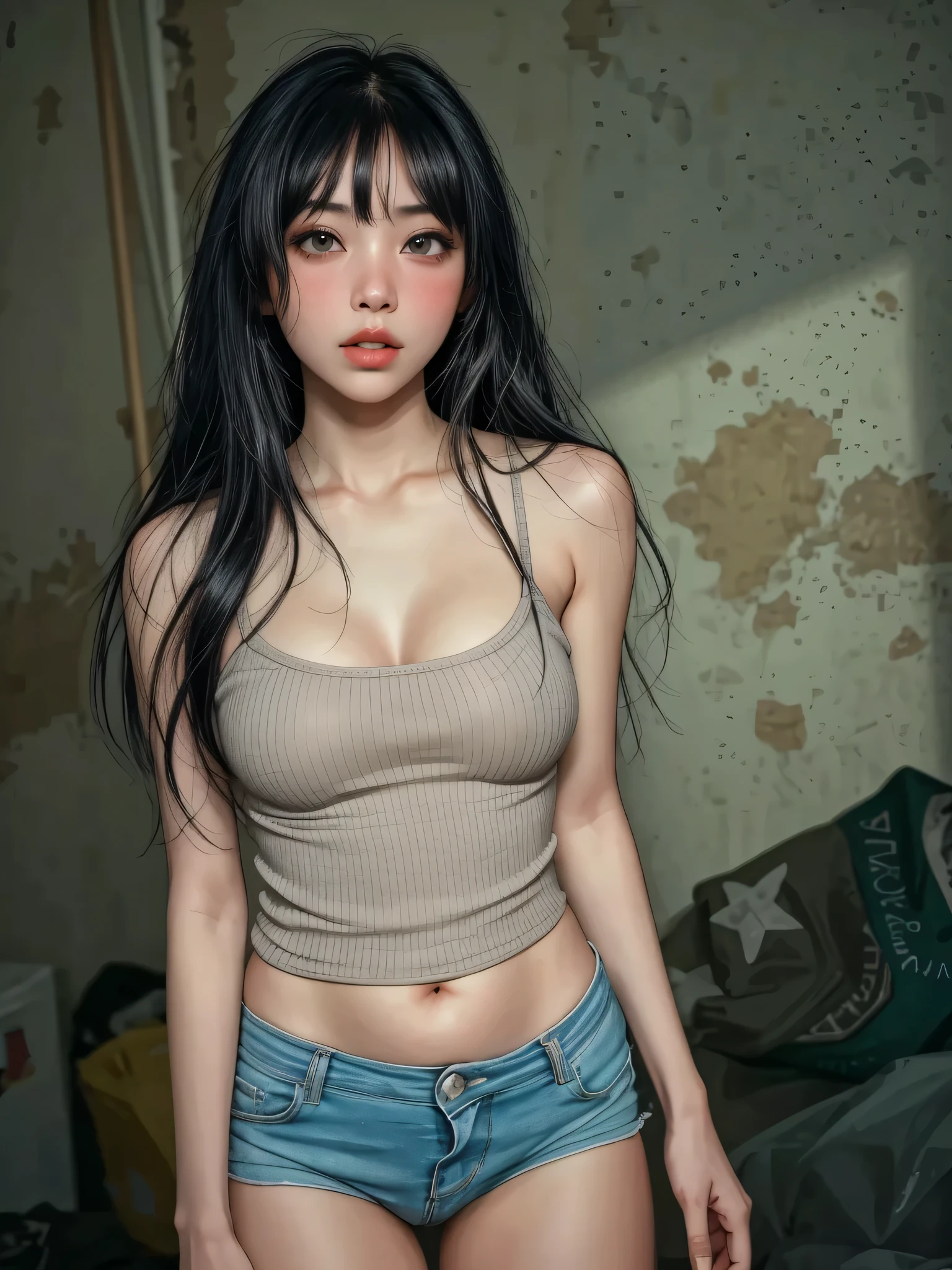 ((Highly accurate drawing across the details) Extremely accurate depiction )[high resolution],((realistic texture expression)),(Clear and precise illustrations),(Very fine and precise drawing ),(Delicate lines with slow speed)[[Beautifully color-tressed main lines]],(Background of a private room in a cheap apartment that deteriorates drastically over time([cheap interior[damaged furniture]]Damaged Concrete Walls and Floors(Dusty Air))[unsanitary[High humidity]]),([[asian]beautiful Japanese girl]JapaneseGirl(Beauty)[ charming face[round face](beautiful, deep colored, big eyes)[beautiful makeup]][Age 19][[slightly larger nose]][moist lips][(Thick straight hair with a high sense of density)[Straight cut bangs]](plump)Big Tits(saggy breasts[Wide, low-set areola[リアルな乳頭のdetails]]))(Soft, fleshy body)[Melanin pigment is thin][Transparencyのある全身の細かい産毛[realistic shading expression for downy hair]],(Sweaty and damp casual wear[sweat stains](old clothes)[Realistic fabric thickness representation])[[Clothes damaged all over[fit][Strong wet feeling]]][[Clothes opening]][ falls apart][fetishes],[During orgasm](sweaty[ecstatic]) Natural Eros (nude gravure[Euphoria]),[IDEAL EROTICISM],([[リアルな女性器のdetails]][(Nucleus)[labia minora]]),(Fine, and beautiful skin expression[Transparencyのあるリアルな皮膚テクスチャ]),(Beautiful eyes drawn with precision detail[Clear Big Eye Contours])[[深いTransparency][Sharply defined pupils](jewel-like iris that reflects light intricately)((Beautiful eyes clearly drawn down to the smallest detail))]),[[Eye Light]],[Long and beautiful eyelashes],[Soft looking lips[Slightly Wet Luster]],[[Uncluttered hairstyle]Precisely Drawn Hair One by One[美しく艷やかな髪のdetails]],(完璧な手のdetails[Beautiful fingers without flaws[Beautiful nails]]),[[[[Beautiful navel]リアルな臍のdetails]]],(Perfect Anatomy(perfect proportions that are well-balanced))[[full body view:0.4]],[[design built to a high level[The golden ratio]]][ideal color coordination(accurate simulation of the interaction between light and materials)[Beautiful and vivid color(moderately soft contrast balance)[Soft chroma]]],([HighQuality]high resolution(details(High precision in selection))),[[Soft ambient light[soft focus]]],[[Photorealistic]],[[perfect proportions(Transparency)]][visual art with a sense of transparency][[full body view:0.4]][Colorful],[[personalization]](High-density drawing expressions)(最high resolution).
