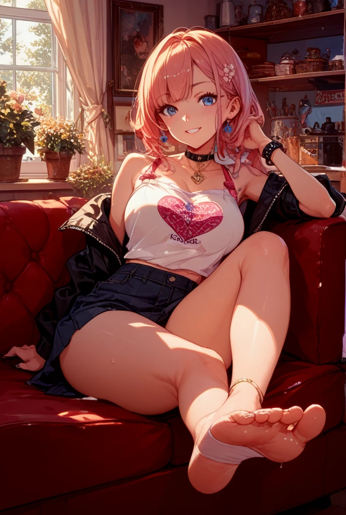 (8K, Highest quality, Highest quality, masterpiece), sit on the floor, (denim hot micro shorts), (shorts aside & vulva peek), big breasts, ((spread legs 1:2)), (fullbody), ((seductive grin)), nn1, 1girl, hair ribbon, long hair, anime girl