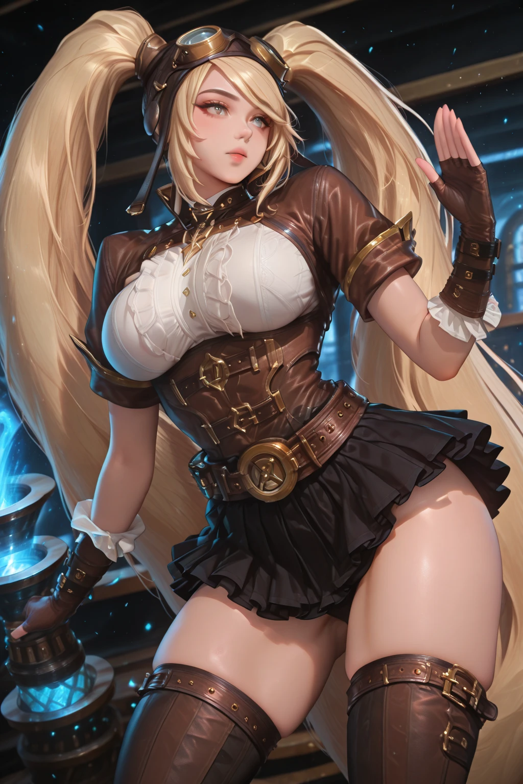 (generate layla from mobile legends, lady with double pigtail hairstle, wearing small leather jacket, (bigboobs), tanktop, skirt, holding big gun, beautifull face, pretty face, beautifull eyes, beautifull nose, raytracing, beautifull fingers, beautifull hands, (4 fingers in 1 hand), full body photoshoot, pretty makeup, perfect anatomy, good lighting, professional photoshoot, sharp eye, fresh lips