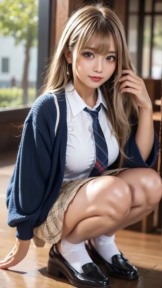 ((Panty shot)),((inside the skirt:1.2)),Browsing Caution,Gal, (Anatomically correct,),masterpiece, highest quality, Raw photo, Photorealistic, face, unbelievably ridiculous, Beautiful girls, cute, Blunt bangs, Depth of written boundary, High resolution, 超detailedな, detailed, ighly detailedd, extremely detailedd eye and face, Sharp pupils, Realistic students, Sharp focus, Cinema Lighting, pale and tanned skin,alone,woman,(panties), (school uniform:1.2),Loose socks,((Sensual;1.5)), Glamour, big breasts,Sunburn marks on tanned skin