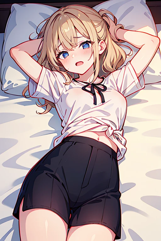 1girl,solo,hair_ornament,on_stomach,lying,blonde_hair,looking_at_viewer,hairclip,serafuku,parted_lips,socks,sailor_collar,long_sleeves,white_socks,bed,long_hair,pillow,shirt,white_shirt,orange_eyes,on_bed,parted_bangs,indoors,no_shoes,bangs,black_sailor_collar,blurry,depth_of_field,blue_neckerchief,reaching_towards_viewer