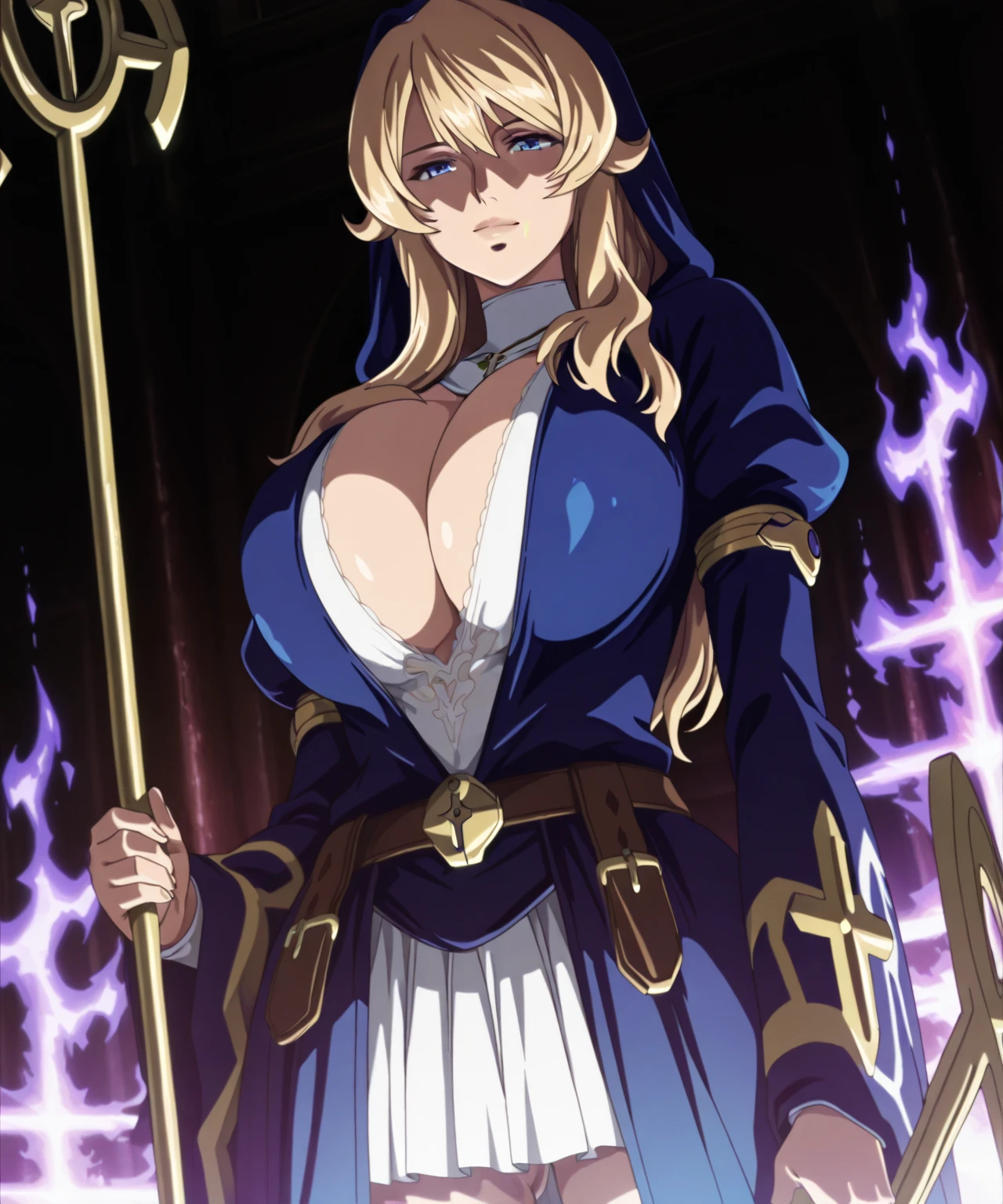 a shadow wizard wearing a purple robe and has nice thick thighs, female