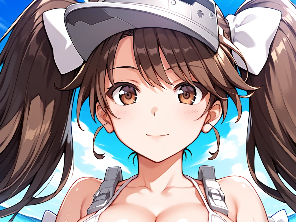 High resolution,masterpiece, highest quality, Kuo Shenlin , heterochromia , left red eye ,right yellow eye ,, smiling , (((busty))), ,1girl, large breasts , sensual body, Her cheeks flushed, vaginal secretions , Brown hair , micro bikini , , swim suit , beach ,
