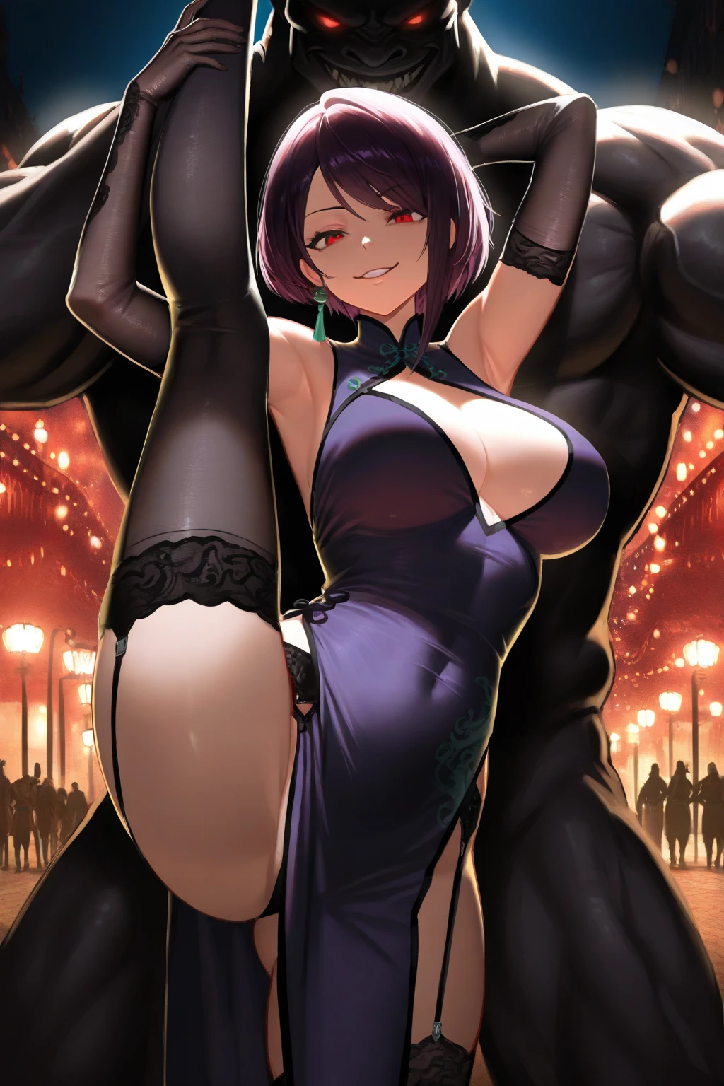 mature female, mature, Adult, himeno, himeno(Chainsaw Man), black hair, short hair, eyepatch, latex purple leotard, black tights, latex purple thighhighs, covered navel, purple elbow gloves, purple pumps, 1girl 1boy, licking penis, sticking out tongue, looking up, bending forward, blush, aroused, in heat, sweat, Villains, smug, cum_on_face, cum inflated, cum overflow, cum everywhere, cum on body, cum covered, cum explosion, cum, dramatic angle, unique perspective, unique angle, back alley, a deserted street, Night, shadow, masterpiece, Top animation quality, Top image quality,