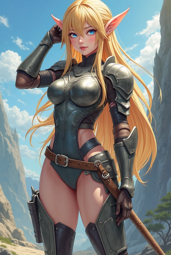 attire, Very long blonde hair fit Woman wearing armor cammy cosplay, Womanly, impossibly small tiny waist abs waistline, circumference of lower extremities far exceeds 80 inches hips, she has massively immense hip measurements, with the largest fitt buttocks, location: Dragon's Crown first kevel, intense detail, bold leggings, semi realistic anime style, A bottom-heavy, superior body part, voluptuous lower body, feminine figure, portraits, Reductionist form, mujercore, bold lines, in the style of Mike Campau, Iris Van Herpen, Howard Schatz, Russian-Western, an Inferior Physical Goddess