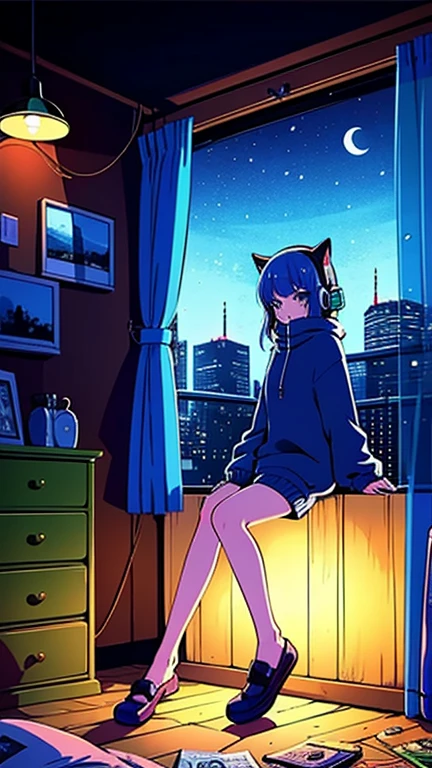 Summer night in neo-Tokyo: a futuristic home interior. An alluring 18-year-old girl with long, vibrantly-colored hair relaxes inside, her curvaceous figure accentuated by a revealing bra top and short shorts. Adorable cat-ear headphones sit atop her head, adding a playful contrast to her seductive gaze. The oversized headphones are now worn on her head instead of hanging around her neck. Vinyl records and holograms surround her under neon lights. Through the window, a futuristic cityscape glows. She embodies a tantalizing blend of retro charm and futuristic allure as she lounges in her home.