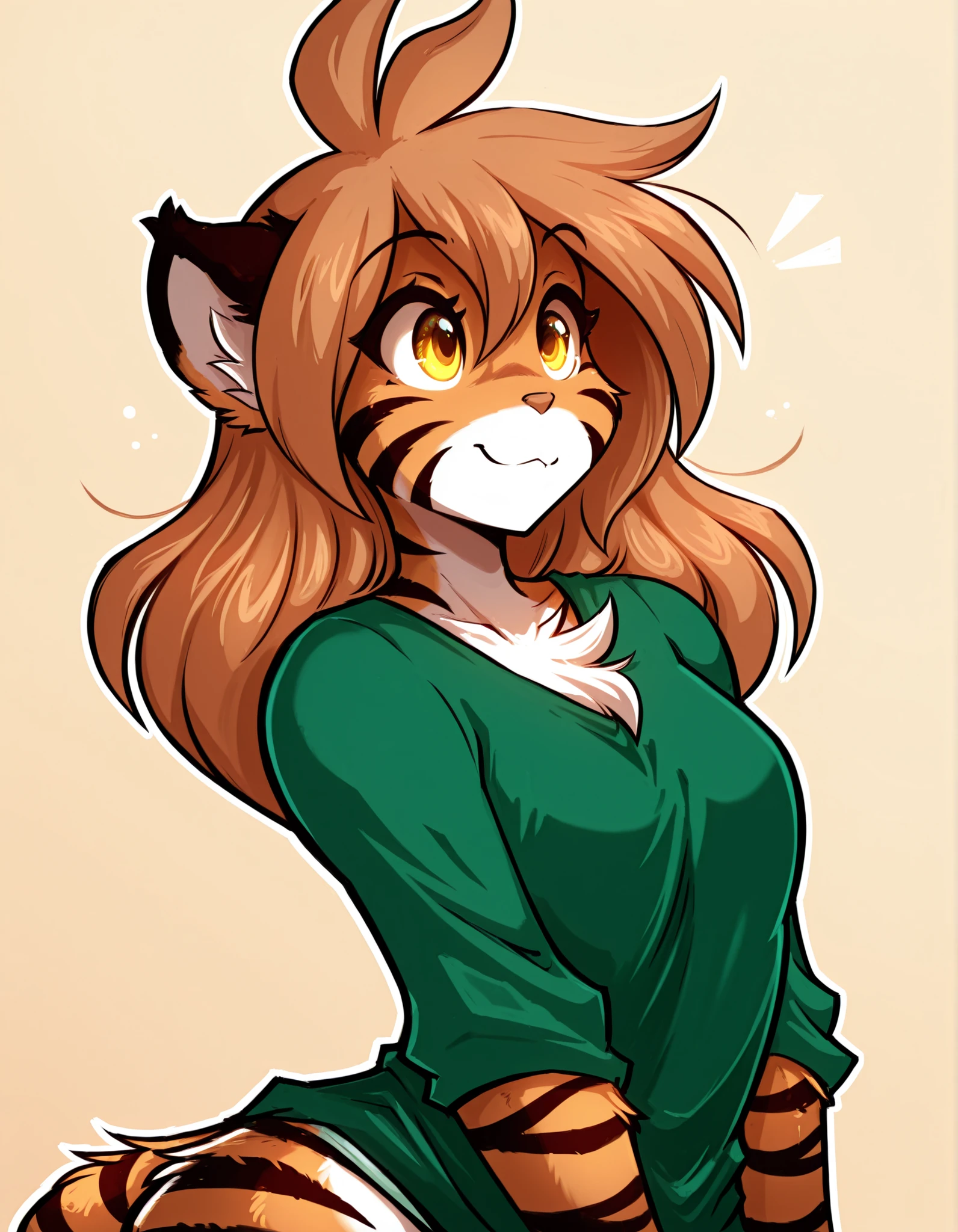 y4s1d1p,, masterpiece, best quality, very aesthetic, 1girl,, furry, solo, flora-twokinds, flora_twokinds,, tiger, striped fur, keidran, yellow eyes, anthro,, green shirt