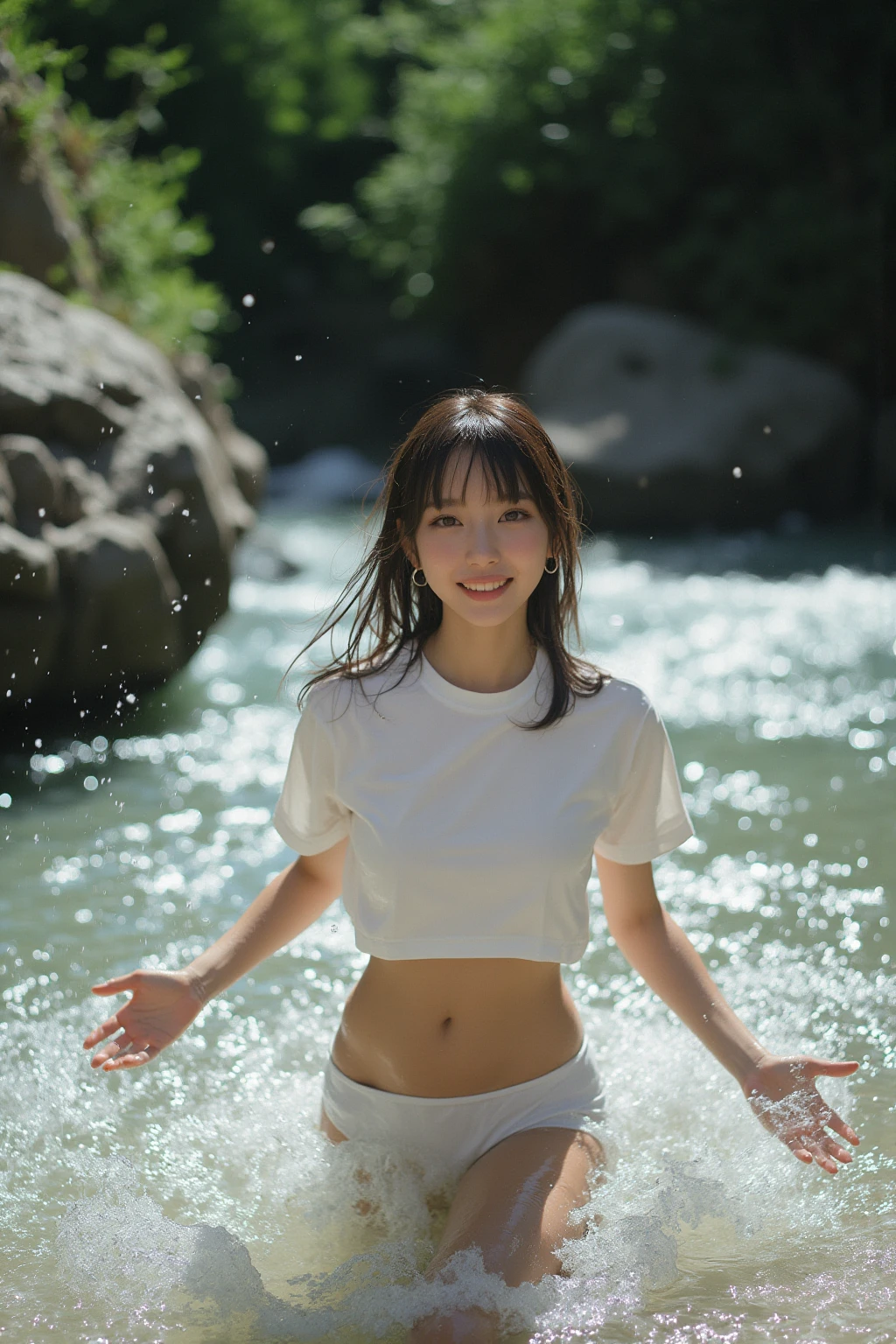 NSFW, 1 girl,small face,medium hair,bangs,cute face,
BREAK
(professionally taken snap photo:1.1),
(cute pure pretty honor girl:1.3),
(Wearing short sleeves t-shirt, t-shirt lift, small thin thong:1.3), (((t-shirt,soaking wet,see-through, show off nipples under white t-shirt))), (countryside scenery:1.2), (river, Falls, mountains in the distance1.2),
BREAK
pure feeling,
dynamic pose,dynamic angle