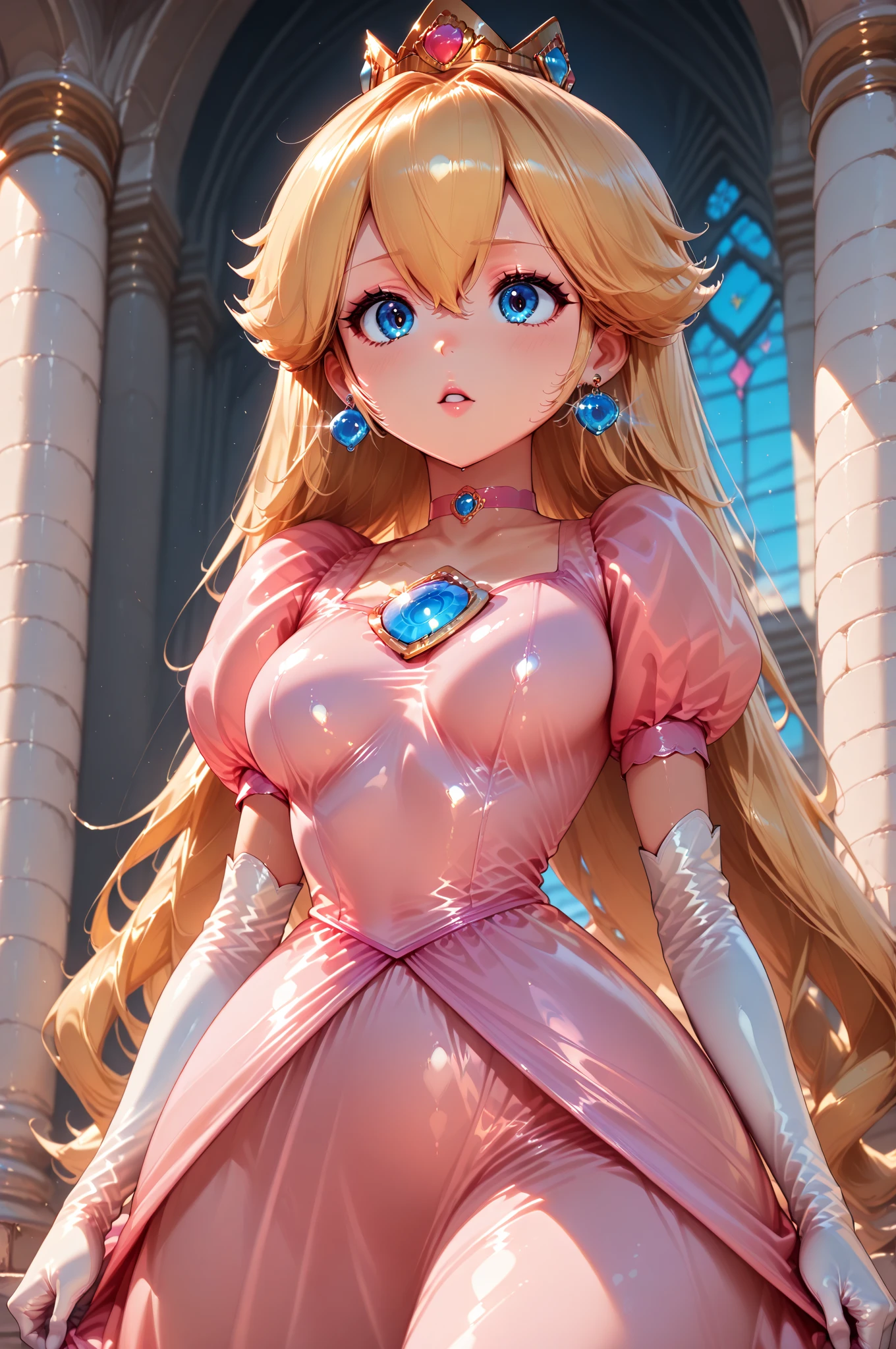 Princess Peach \(Mario Bros\), (Ela tem grandes olhos azuis brilhantes), (pele clara), (pele realista), (Glossy and pink lips), (((longos cabelos loiros lisos))), (Dark shadows compose), ((Seios muito enormes, Rosa )), (coxas grossas), (Corpo fino perfeito), (coroa), ((Posing sexy in peach princess castle)), (master part, High definition, Volumetric lights and dynamic shadowaster part)), (8k), (rosto perfeito), (Ultra Detalhes) (perfect hands, olho, e rosto), ((sorriso sexy)), (((gigantic breasts))), (((Pink dress)))