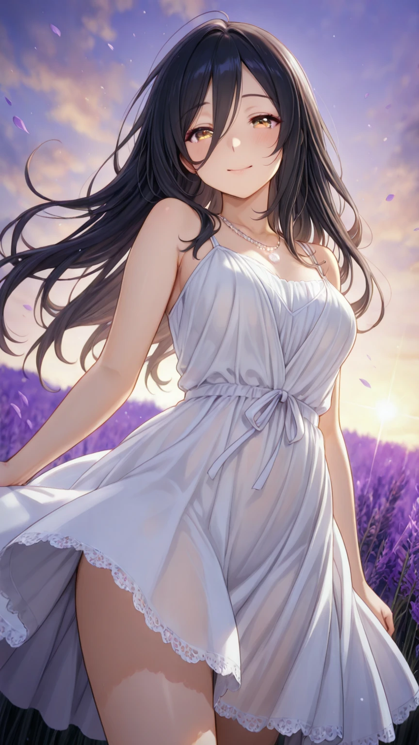 Stunning Chitanda, There is only one beautiful girl，purple eyes, black hair, Naturally straight hair, straight bangs，extremely refined，adult face，lips open，flowing long hair，Peerless beautiful girl, dreamlike，Slim，soft, (Sensual), (kawaii), Dream quality，white dress，hat，Run in the fields，bare shoulders，exposed collarbone，bare neck，Bare thighs，Exposing the groin，camel toe，bare legs，barefoot，extremely shy，ultra high resolution, (masterpiece:1.2, best quality), (Exquisite and beautiful eyes: 1.2), (Beautiful and delicate face)