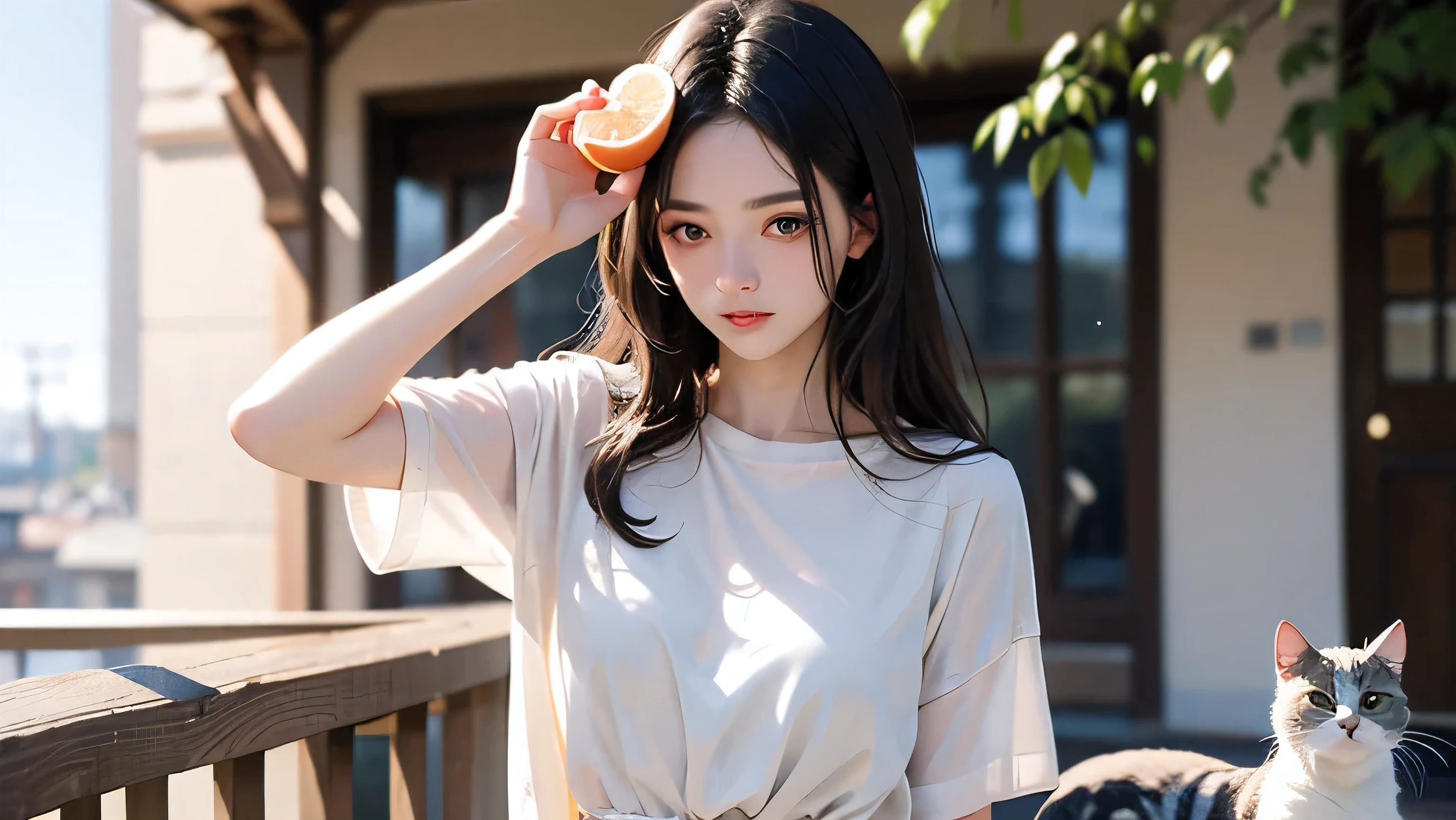 A cinematic, high-resolution 16:9 image of a thoughtful woman from the waist up, standing in gentle sunlight. She is holding a sliced grapefruit in one hand, her other hand shielding her eyes as she looks toward the sky. Her expression is serene with a hint of irony. Her long dark hair is slightly tousled by a soft breeze, and she wears a casual white blouse with subtle pastel tones. In the blurry background, a lazy cat stretches on a balcony under the warm sun. The atmosphere is poetic, modern, and subtly surreal, blending playfulness and quiet rebellion in a calm, dreamlike moment.
