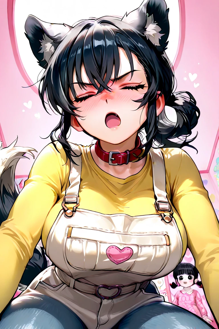 obra maestra, La mejor calidad, 1girl, solamente, Genshin, Noche, cara, boca abierta, uvula, boca, lengua, lengua fuera, Ojos amarillos, Xinyan, dark skin, boca grande, barriga