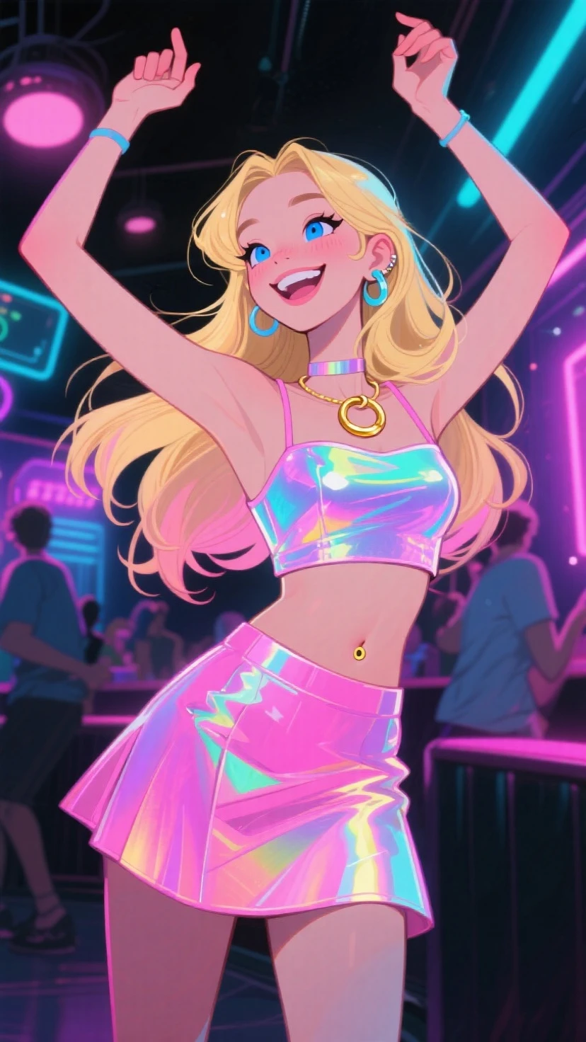 (score_9, score_8_up, score_7_up), alien, 1 alien girl, masterpiece, perfect face, perfect eyes, ultra detailed, gorgeous face, blush, curvy body, cute slut, focus on face, pink-skin Instagram model, human-ears, (very-long wavy shiny hair:1.4), (waist-length hair:1.6), photoshoot, cute pose, (pastel blue hair), (pastel pink skin:1.7), posing sexy, portrait, petite, svelte, perfect breasts, small perky breasts, thigh gap, arched back, fit body, thin waist, (cute), (petite), (lovely grey eyes), (pastel blue hair:1.9), (thin waist), (highly detailed hair), (flirty smile), flat stomach, (slightly oiled skin), (night time:1.5), (at a music festival:1.2), (at a rave:1.3), (rave outfit:1.8), (tight black shorts), (black thong), ((black cross-wrap halter crop-top)), ((Boots), (perfect teeth), ultra-detailed, ultra-realistic, at night, indoors, orange + blue ambient light, arms at sides, dancing, twirling, dynamic pose, unique angle, from waist up, beautiful, studio lighting, negative_hand, GTA, glowing, neon, easynegative, ExpressiveH.