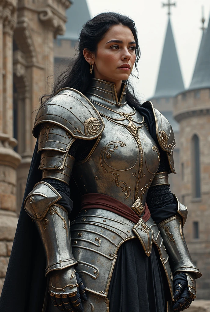 The Face of Europe、She has short dark brown hair and brown eyes.、Beautiful portrait of an elegant woman。She is clad in magnificent iron plate armor and chainmail.。Underneath the armor she wears a white gown。Holding a sword in both hands、Symbolizes strength and purity。The background is mysterious and、White roses are blooming、With pigeons flying、With the cathedral windows in the background。The images are very detailed and、It has a sacred and angelic atmosphere.、It captures the essence of a holy warrior.。Jeanne d'Arc