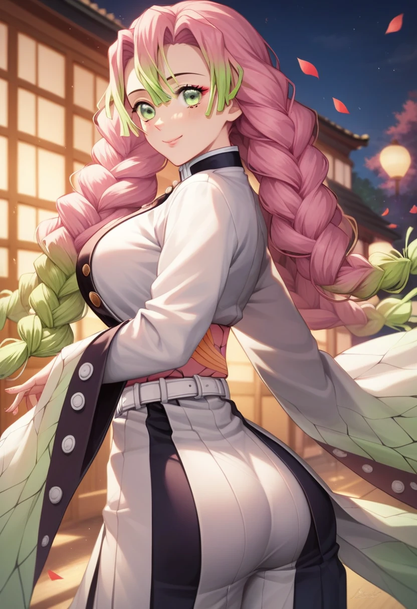 beutiful, (beste-Qualit, looks down on her, tmasterpiece, stands by the water, faces the frame, Lake, arms stretched out, Cuddling, Night Forest, facing the viewer, Very sexy ass, sexypose, Super detailed: 1.5), perfect lighting, glittering, Nature, At a distance, body complet, facial focus, a 1girl, Mitsuri (Demon Slayer), handsome girl, Night Forest, Hot springs, water, steam, beatiful face ((Mitsuri (Demon Slayer))), White Haori, black skirt with silver belt and green striped hips, rose hair, green hair, Gradient hair, multi-colored hair, hairlong, quiff, twin braids, green colored eyes, Demon Slayer Uniform, Long sleeve jacket, White Haori, blackskirt, Silver Belt, green striped thighs, blusher, realisti, pectoral muscles,, wide thighs, (Thick rods: 0,9), décolleté, gaze at the viewer,