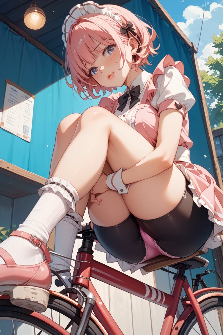 ((Extreme detailing)),(Ultra-detailed), solo,extremely detailed CG unity 8k wallpaper,Best Quality, Masterpiece, Emily_T8, off-shoulder, pink crop top,masterpiece,bes tquality, beautiful girl,1girl,((:1.3)),((medium breasts:1.2)),((:1.3)),((:1.4)),((closed mouth)),((pink hair,long hair,twin tails,purple eyes:1.2)),((outdoors,sitting on bench,spread legs,full body,view from below:1.4)),((spread pussy:1.5))