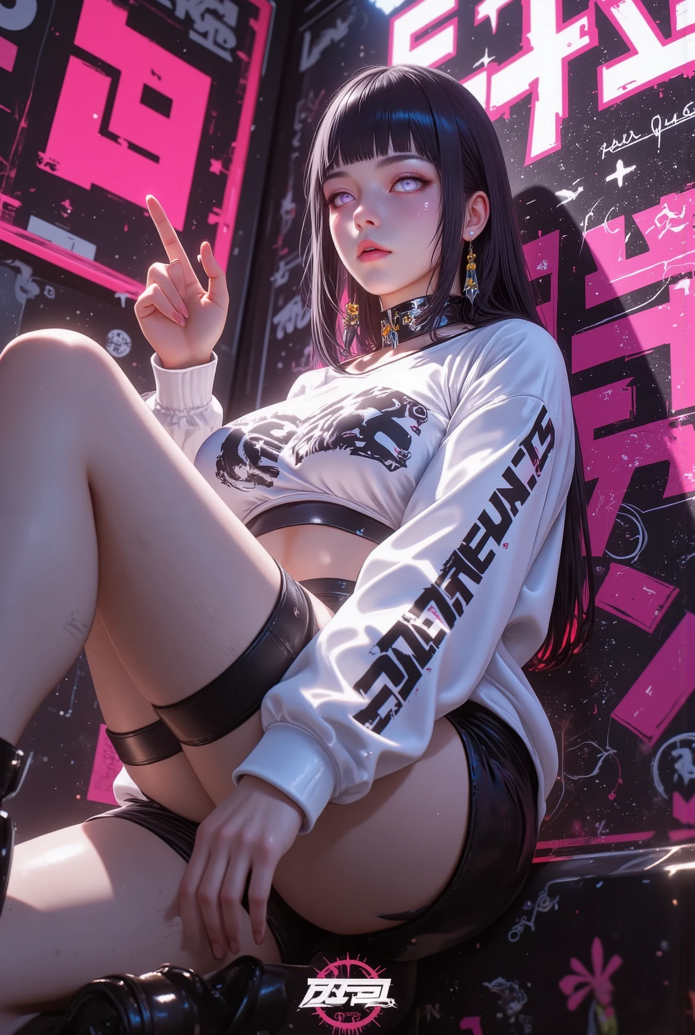 magic-paint-style， masterpiece, Maximum Quality、big butt and big breasts, Extremely detailed CG uniform 8K wallpaper, (Graffiti: 1.5), score_9_above, score_8-above, score_7_above, masterpiece, semi-realistic, 1girl,((dynamic angle)),vista frontal, vista lateral,Side profile, ultra detailed,facial focus, better quality, newest, ultra brilliant, heterosexual, seeds, seamless, (big boobs), Big breasts, thick thighs, uncensored, volumetric lights,dark theme, brilliant, brilliant, brilliant, bright, Laminating, reflective lights, hyper reflective, artist:MoriiMee, ExpresHGothicNeonIncase,dark black brilliant background,  , Alone, background of , Linda way,hinata, hiuga hinata , purple eyes, straight bangs, black hair,ojos blancos ,thigh strap, black micro shorts , cyber-style white sweatshirt,losing sleeves, Sitting ,in a sexy and seductive pose,legs spread apart, black boots, cyberpunk style, collar, seductive eyes,metal poster 