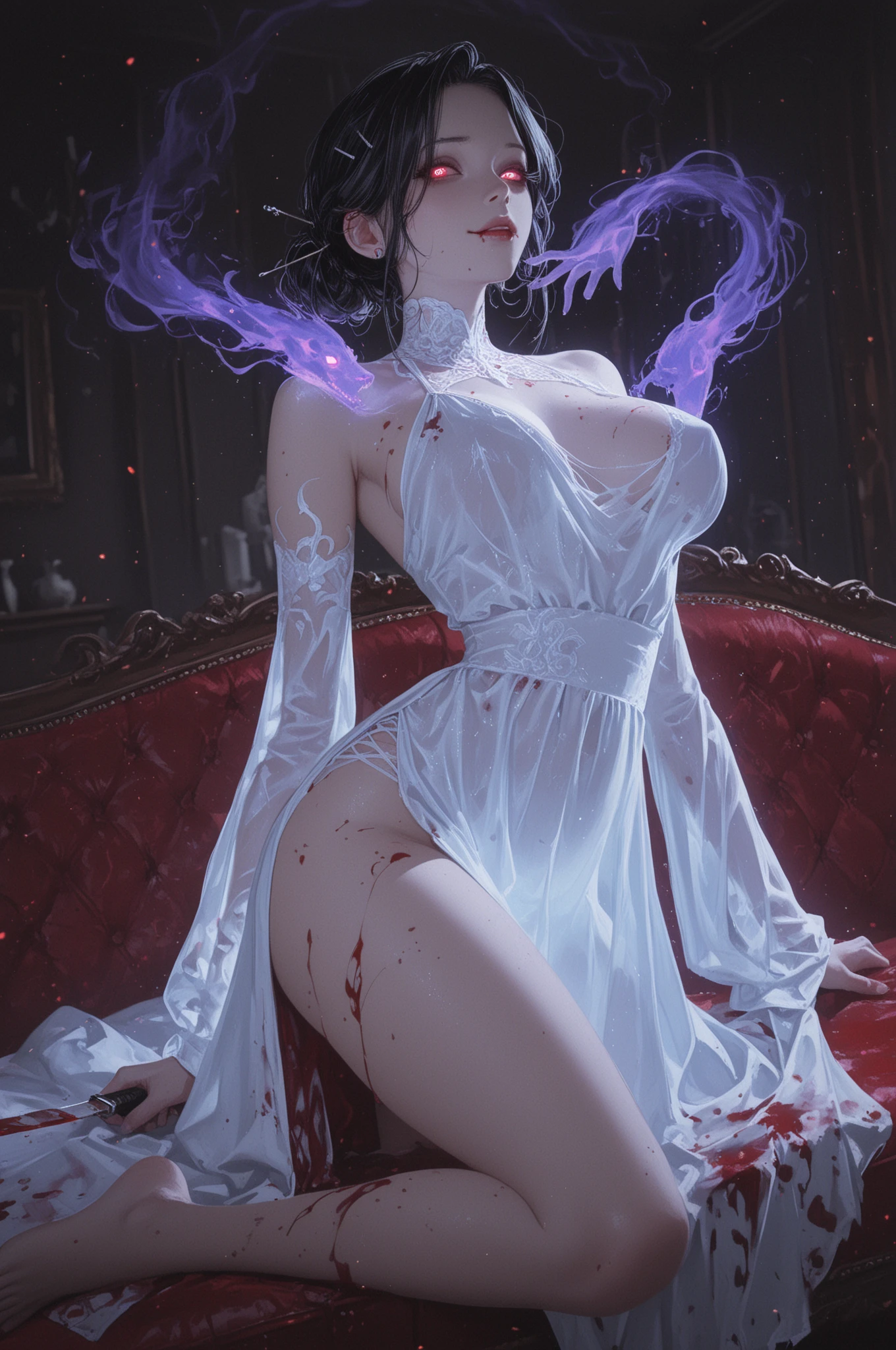 Body position: Standing, straight, symmetrical, barefoot, Lustful smile on face with red blush, 2 girls like Cassia Orsellio white pale skin with red eyes who gets married and stands in front of many people, nsfw, kissing