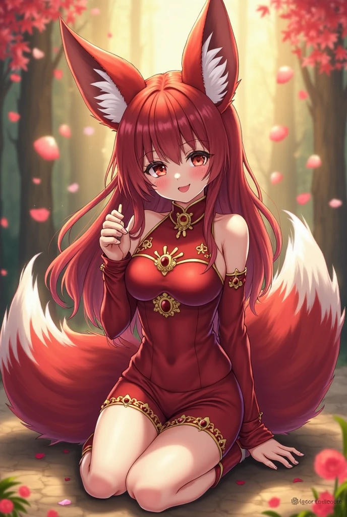 Raphtalia beautiful woman 22 years old - with round animal ears, cabello naranjo, sonrisa amable, piel clara, red eyes like rubies, arab dancer costume. color rojo, pechos grandes bien formados escote, pechos grandes. chinese garden bottom neckline. disfraz rojo, disfraz rojo . pose sexy ojos rojos como el rubi