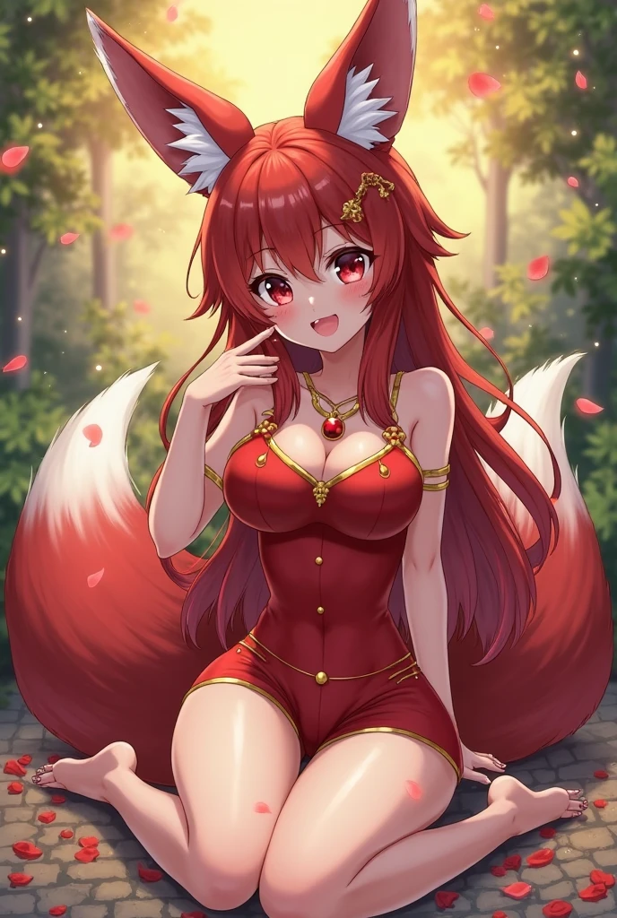 sexy stylish female, only 1 female, beautiful smile, lipgloss, long lashes, defined eyebrows, detailed sexy fox cosplay, sexy fox outfit, fox accessoires, headpiece, choker, bracelets, look at the camera, cinematic light, large park background with trees, sweet and sexy pose