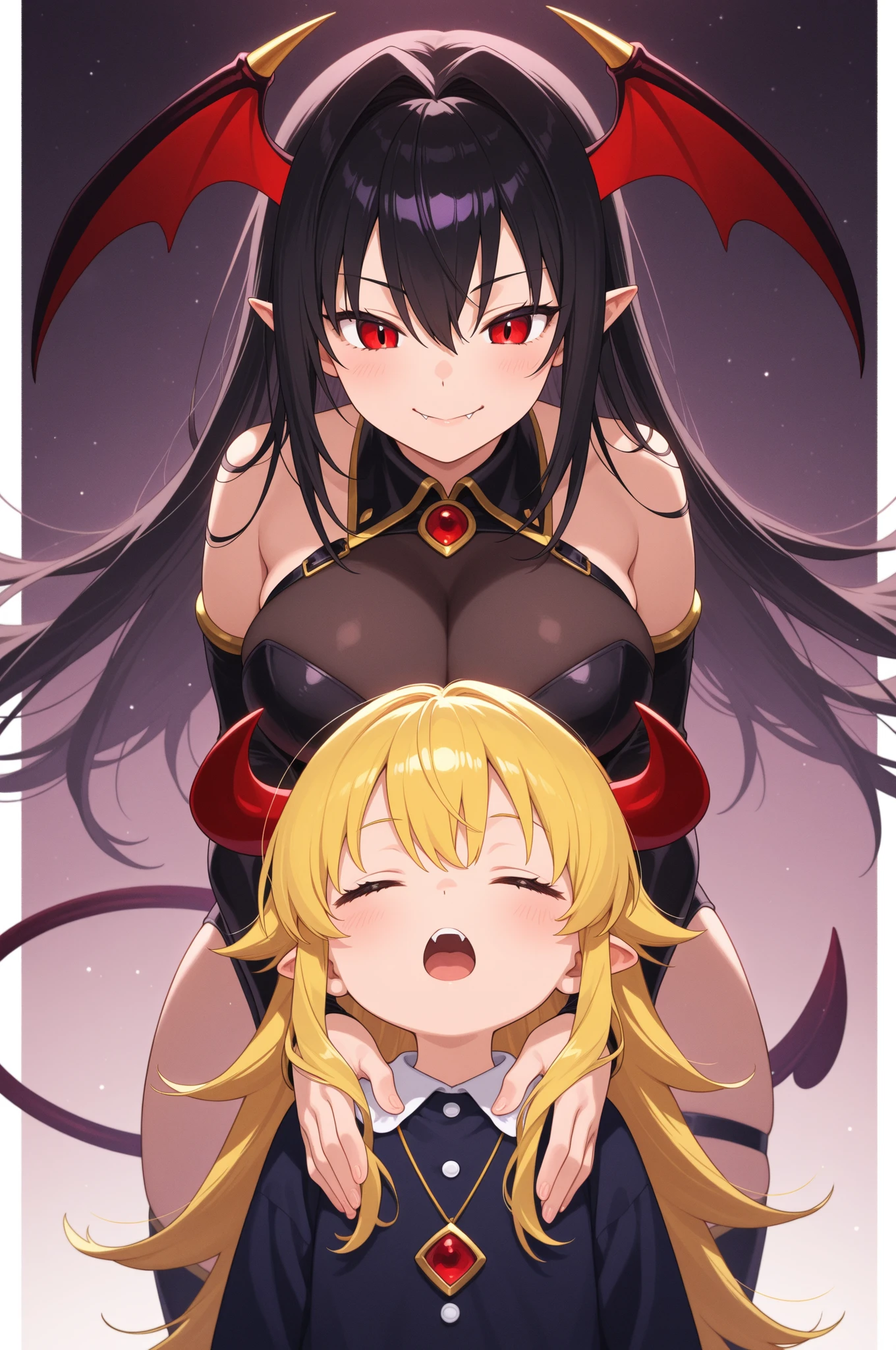 score_9, score_8_up, score_7_up, score_6_up, source_anime, highest quality, masterpiece, 2girl , 1girl huge breast futanari devil, 1 girl small breast tiny witch, suspended congress, vaginal penis