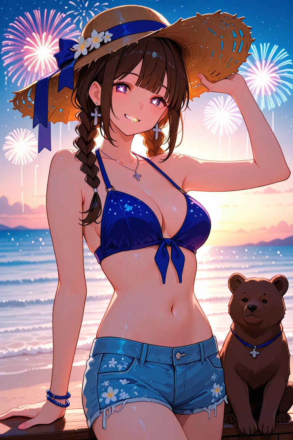 (masterpiece:1.2, top-quality), (realistic, photorealistic:1.4), beautiful illustration, (natural side lighting, movie lighting),
looking at viewer, full body, 1 girl, japanese, high school girl, perfect face, cute and symmetrical face, shiny skin,
(long hair, curvy hair, wheat beige hair), bangs, maroon eyes, long eye lasher, (large breasts, seductive thighs), glamorous body, navel, breasts, barefoot, ,
beautiful hair, beautiful face, beautiful detailed eyes, beautiful clavicle, beautiful body, beautiful chest, beautiful thigh, beautiful legs, beautiful fingers, (five fingers)
(detailed cloth texture, light blue striped tank top, navy short shorts), midriff, collarbone, cleavage,
(beautiful scenery), night, summer festival, (riverside, fireworks), sitting, sweat, (seductiv smile, blush, hollow eyes, lazy eyes), (plump:1.2),