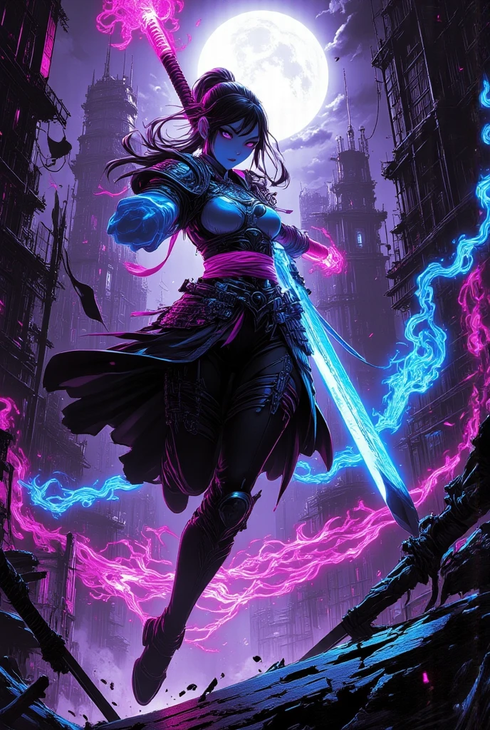 A 4K illustration of a female woman in her 20s with waist length black hair that shines in white under the moonlight standing straight in the middle of a battlefield post-war with rubble, tents on fire and dead bodies on the muddy ground. She has a silver firebird perched on her left arm extended at her side at shoulder height and long and thin sword in her right hand stretched out beside her body facing the ground --auto --s2
