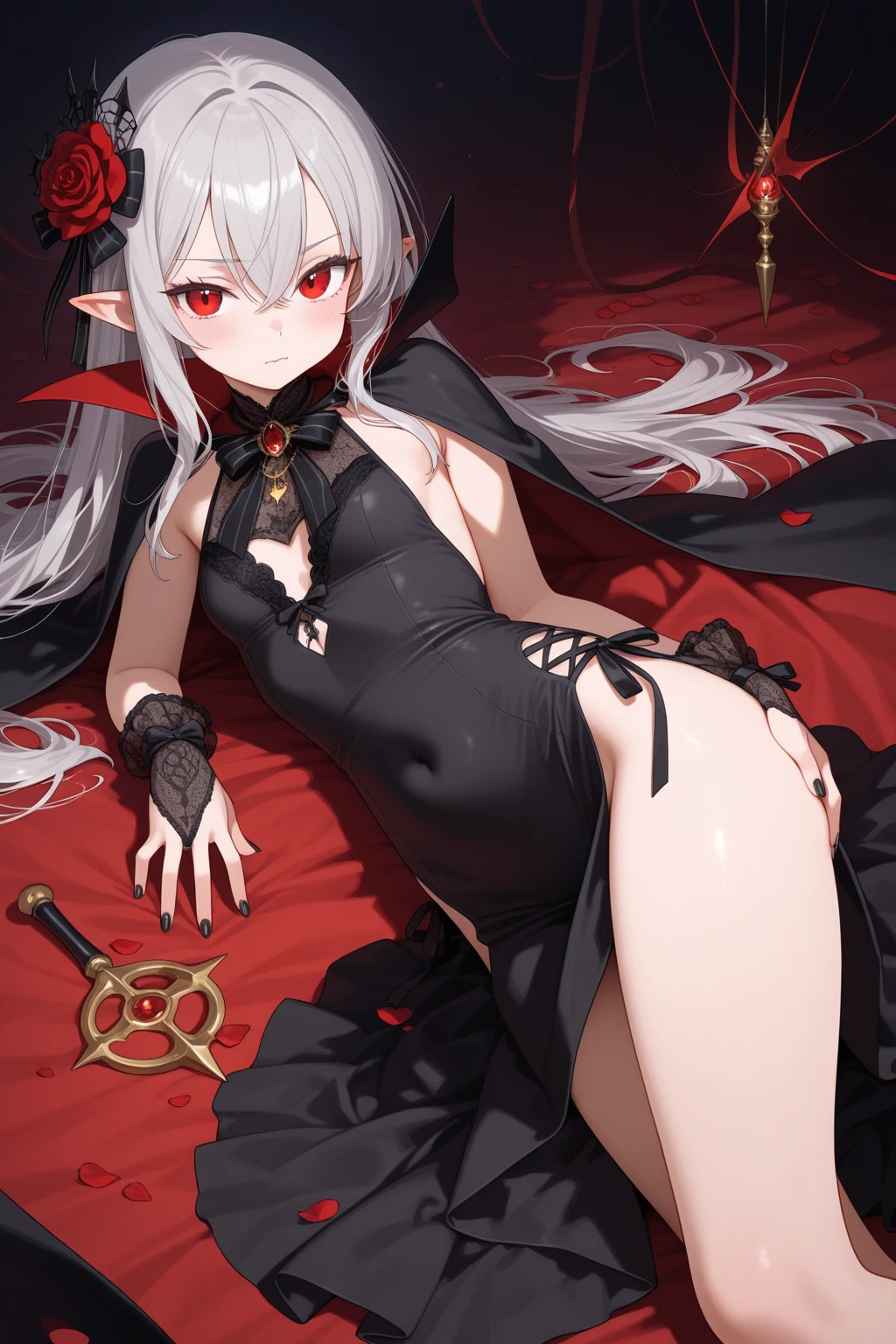 ((​masterpiece))、((top-quality))、((Official art))、8K、very detailed illustration、One girl、Gray hair、Long straight hair、Detailed eye、(Interior of the old castle 1.2)、The dim、(Gorgeous red and black gothic dress 1.2)、((Dracula's daughter))、((deadpan))、Fair skin、pure、Meek、I see underwear、Detailed gravure pose、white glove、lyin in bed