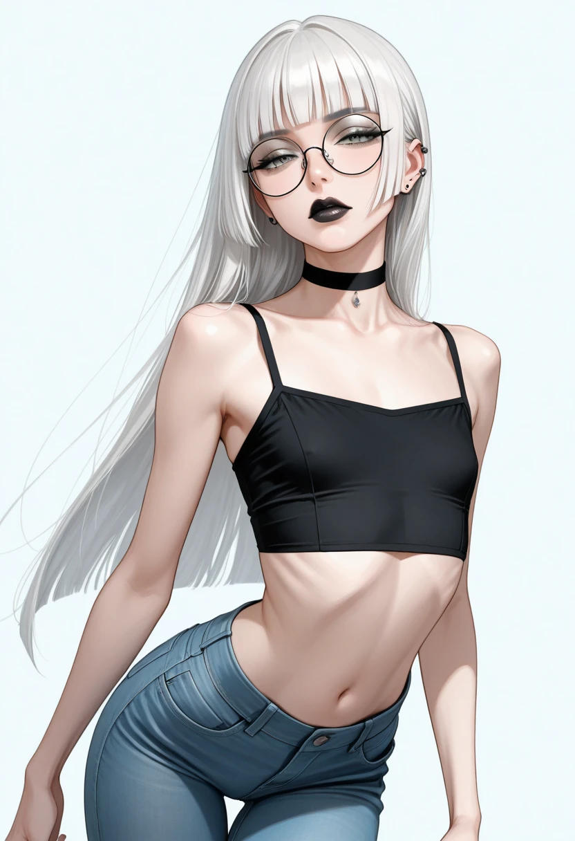 punctuation_9, punctuation_8_High above, punctuation_7_High above, punctuation_6_High above, punctuation_5_High above, punctuation_4_High above, break 1girl, White hair, cut hair on Hime, slickedback hair, long hair, grey-eyed, thick lips, mic, long eyelashes, half-closed eyes, black frame glasses, round glasses, black choker, blunt bangs, grown-up, black eyeliner, ear piercing, black lips, grey-eyedhadow, looking ahead at viewer, break solo, standing, breasts big, grown-up, skinny, lying on the beach, underwear, leg high, arched back, tight slit, 比基尼, break (White background:1.2), simple background, dynamic pose, dynamic angle, angled shot,