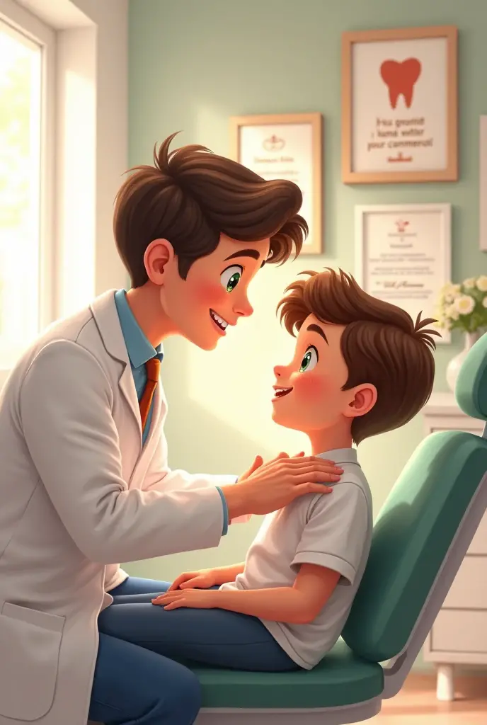 Drawing of a young male dentist, beardless and wearing a hat talking to a child with green eyes, Brown hair, nice round cheeks that i was scared.