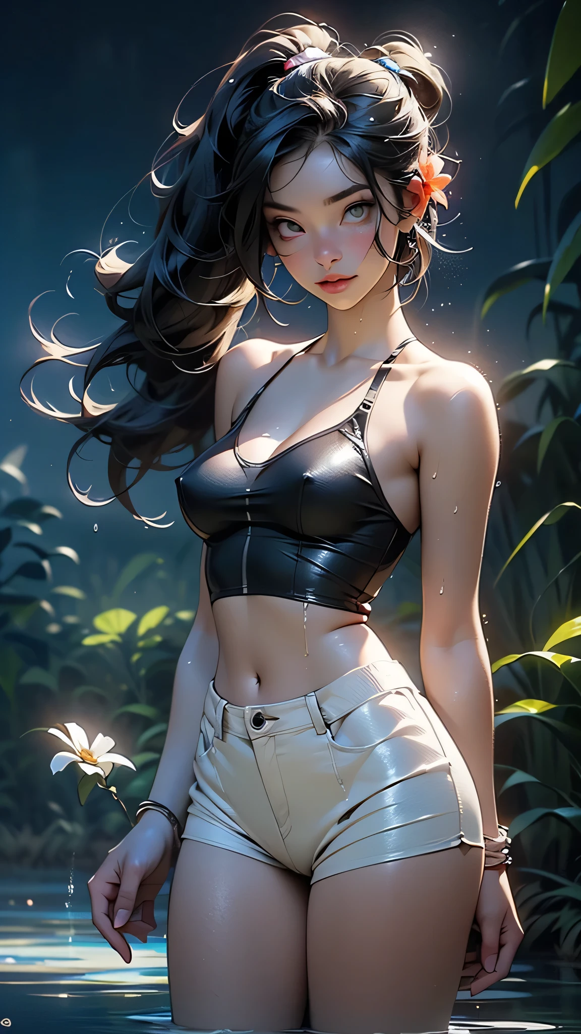 melancholy lighting, quiet, calm, brightness, masterpiece, best quality, 1girl, (JinxLol:1.2), (ultra photorealistic:1.3), (masterpiece:1.4), best quality, ((realistic)), high quality, ultra detailed, ((Real image)), ((realistic skin)), ((realistic face)),(illustration:1.05), (beautiful:1.05), (beautiful detailed eyes:1.05), (cinematic light:1.1), Full body, precise proportions, 25-year-old woman, skinny model lying on the grass, surrounding garden, tree shadow, DARK hair fluttering in the wind, tulle, long legs, slightly open feet, buttocks, blush, shyness, collarbone, abdominals, double weave, beautiful and delicate face, fair skin, real skin, (face detail), pores, super high resolution, 8k, parameters Best quality, masterpiece, super high resolution, (Realistic 2.0), More details, detailed skin, , wide smile, white teeth, voluminous DARK curly hair, perfect and well designed eyes, girlfriend, beautiful, beautiful, flowers, studio lighting