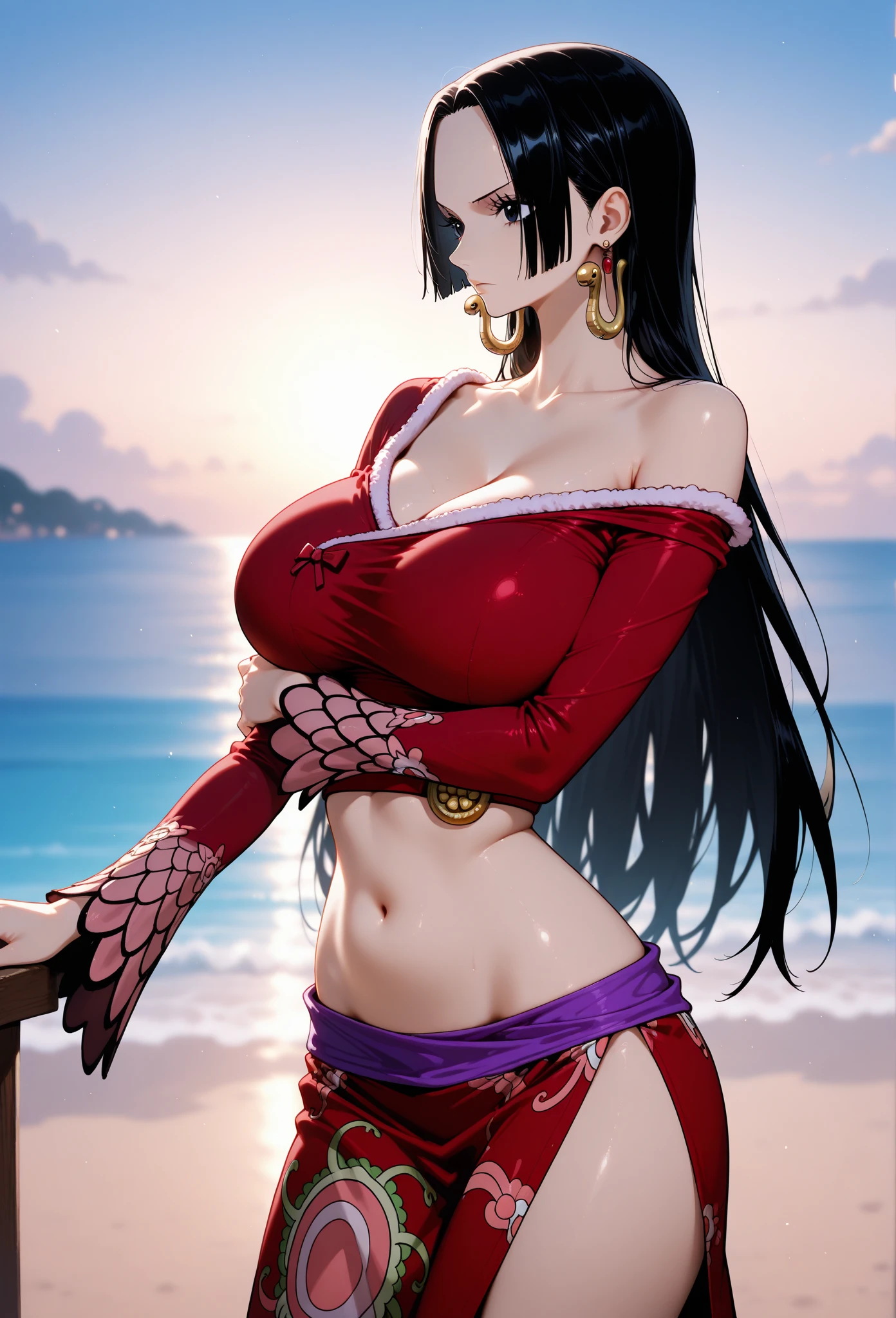 melhor qualidade, Red-eyed woman with long hair medium breasts top black medium belt black bright red eyes, cabelo preto, colar, pose fofa, black collar high black pants, frightened expression side pose, batom vermelho na boca, dentro de um navio, em alto mar, mar atras, Olhos vermelhos, cabelo longo pretos, olhos vermelhos brilhantes, pirata, navio de pirata, arqueologa colar, bracelete, usando oculos de arqueologa, boa hancok Cobra amarela pose sensual pose para foto nico robin cobra com escamas amarelas
